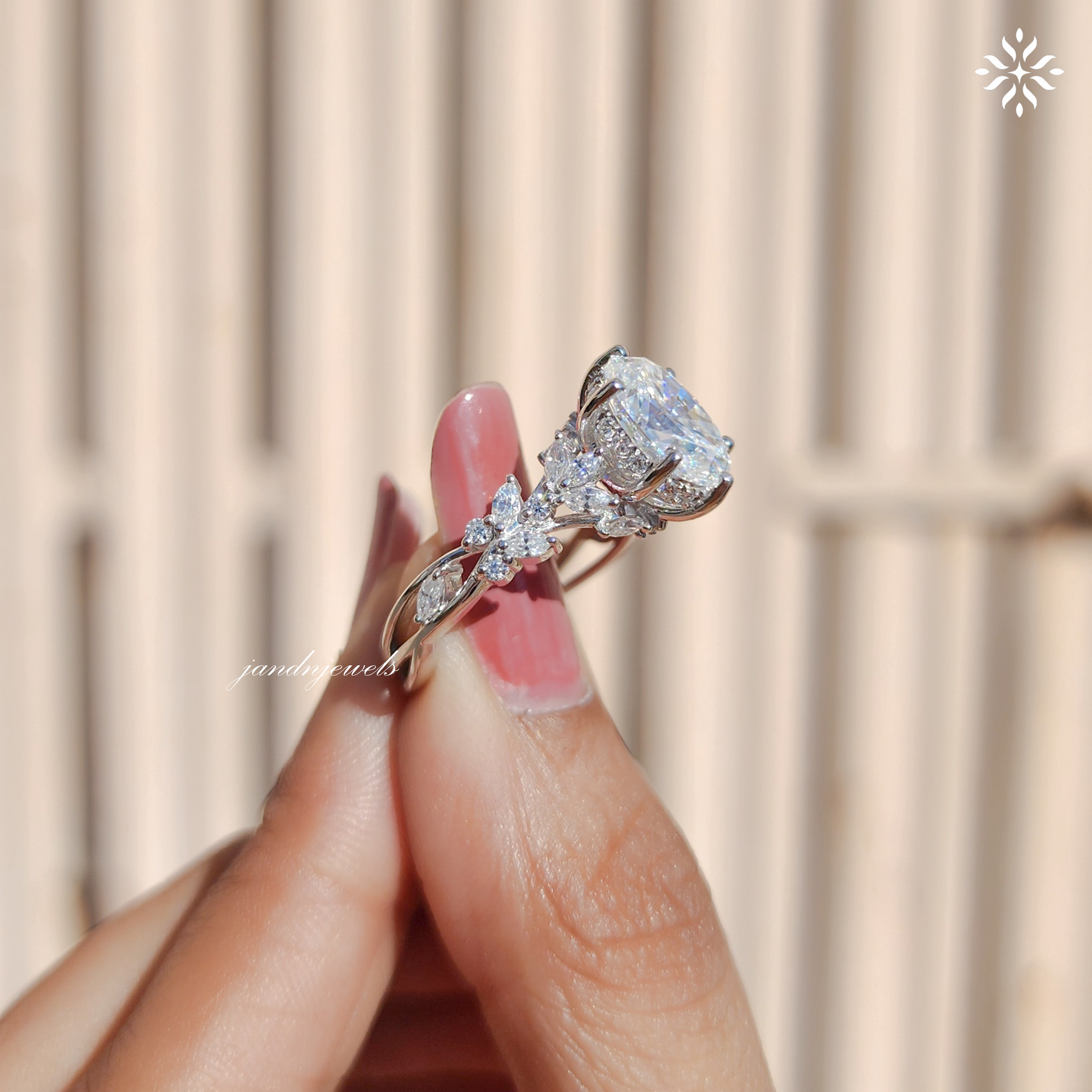 Oval Moissanite Ring, Nature Inspired Floral Diamond Band, Unique Vintage Gold Engagement Ring