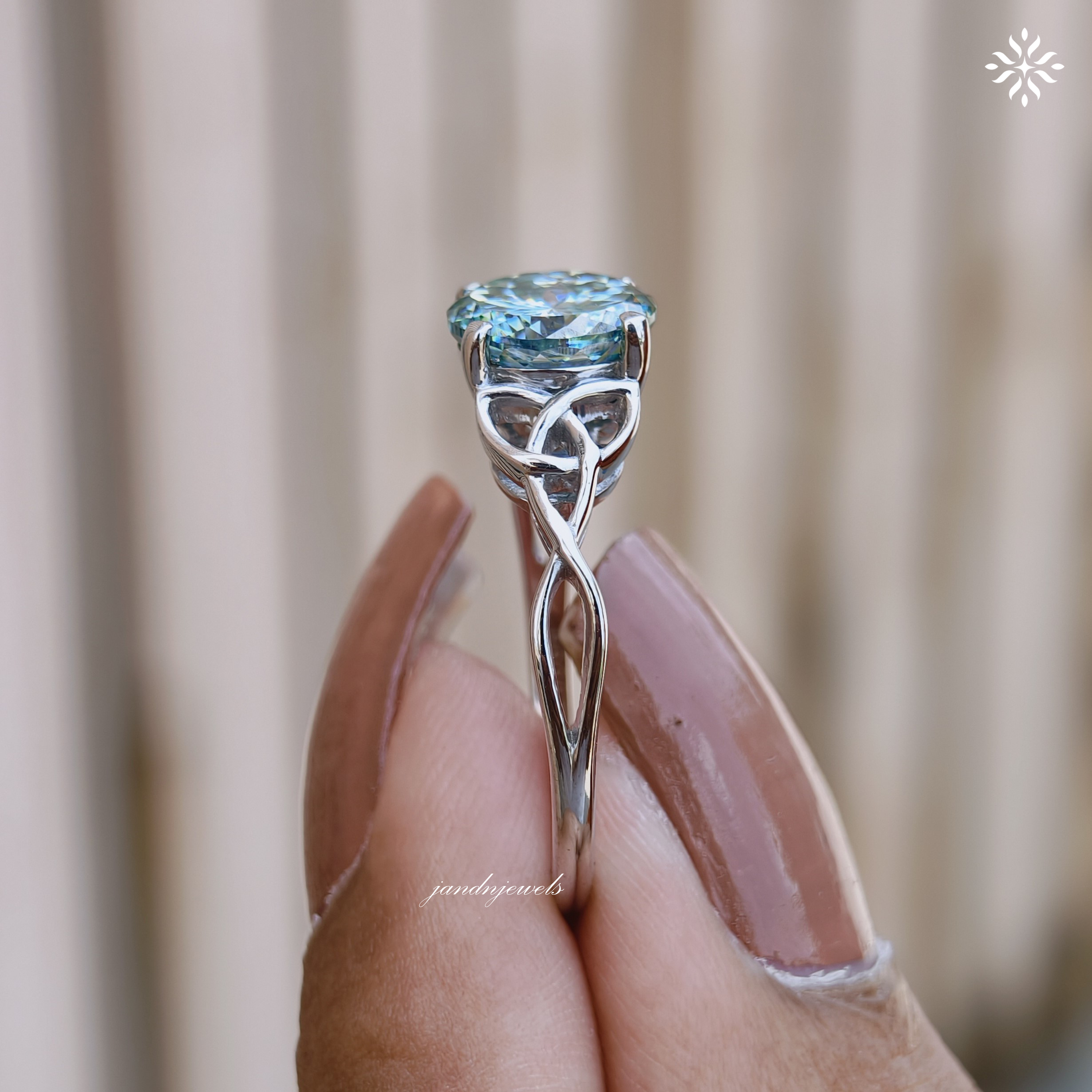 Vintage Celtic Knot Ring Cyan Blue Portuguese Cut Moissanite Engagement Ring Promise Ring for Her