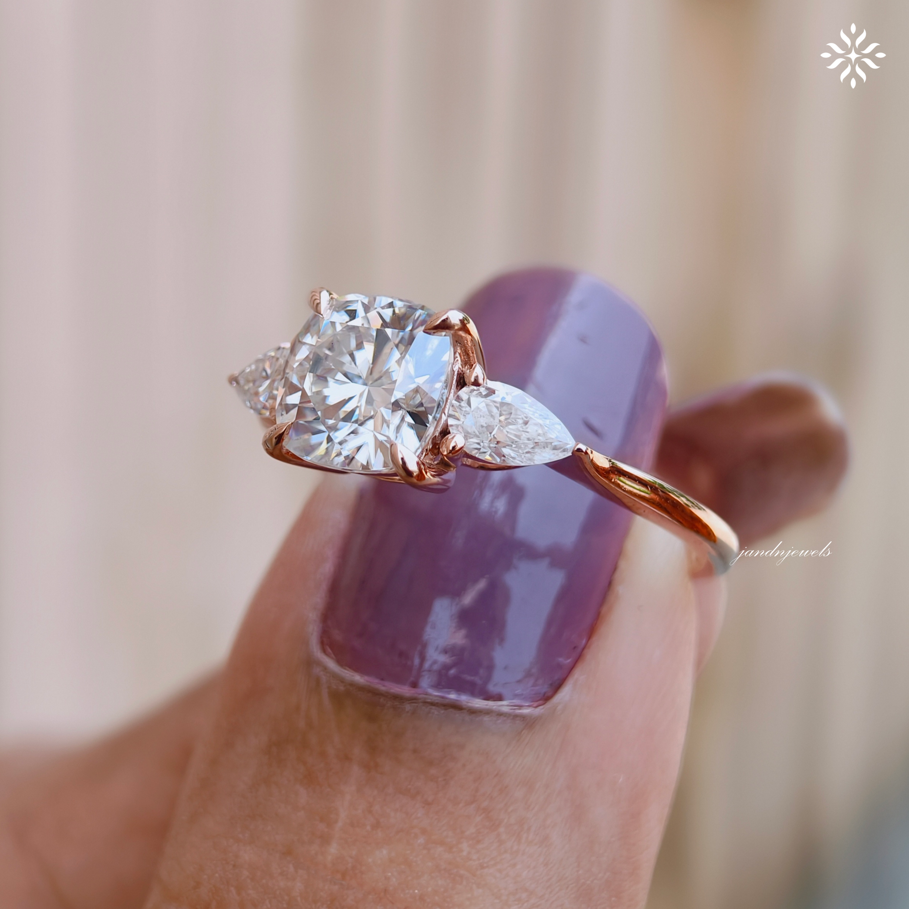 2CT Three Stone Cushion Cut Moissanite Diamond Ring Trilogy Wedding Ring Side Stone Pear Shaped Ring Classic Ring