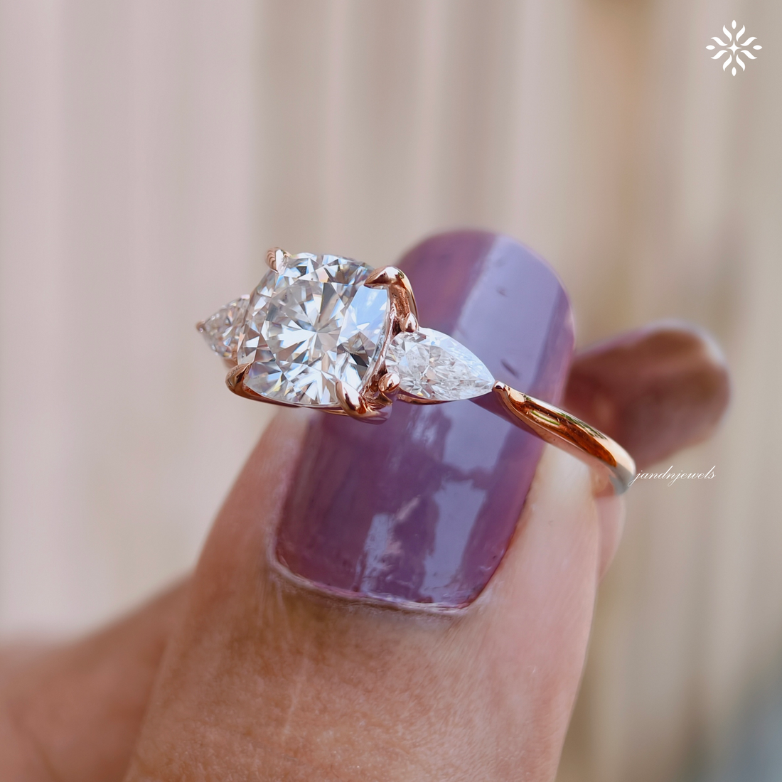 2CT Three Stone Cushion Cut Moissanite Diamond Ring Trilogy Wedding Ring Side Stone Pear Shaped Ring Classic Ring