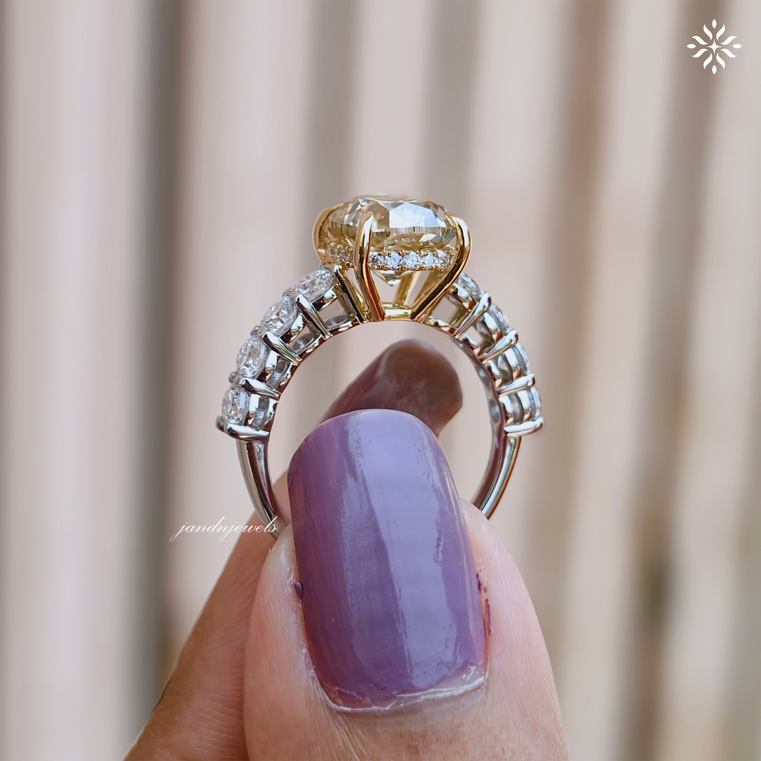 Fancy Intense Yellow Cushion Cut Lab Grown Diamond Engagement Ring Two Tone Ring Hidden Halo Ring Cathedral Setting Ring
