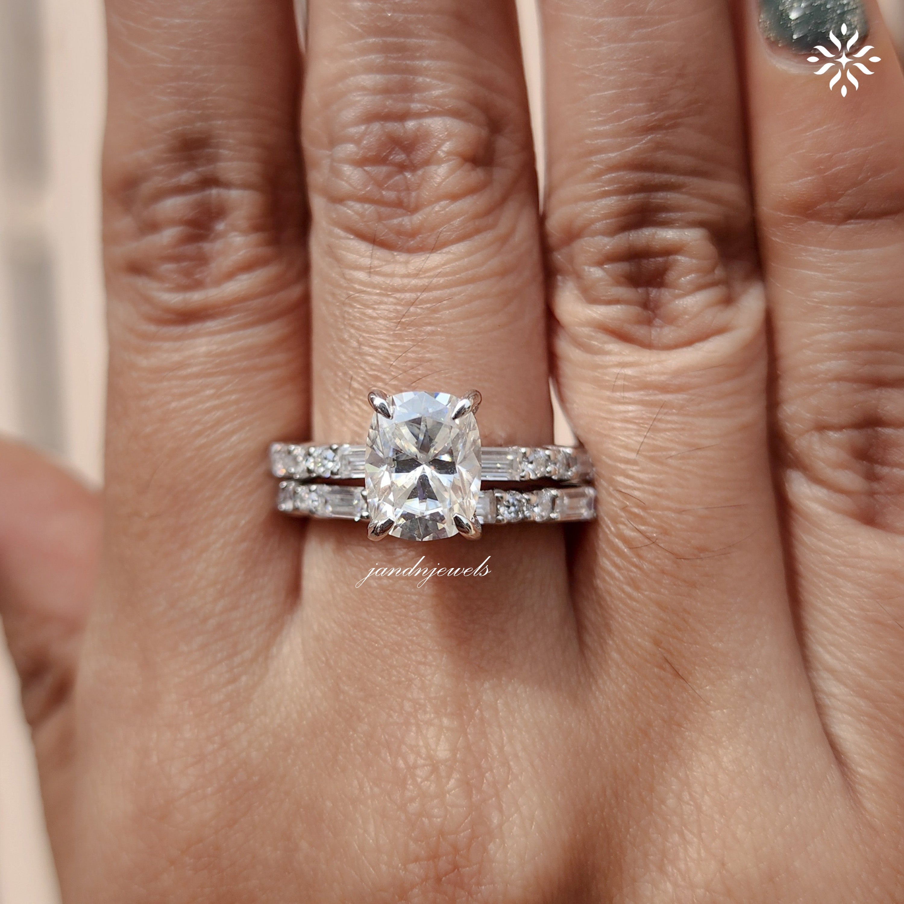 Elongated Cushion Cut Moissanite Engagement Ring Set Baguette & Round Diamond Band Bridal Ring Set 14K White Gold Ring Set