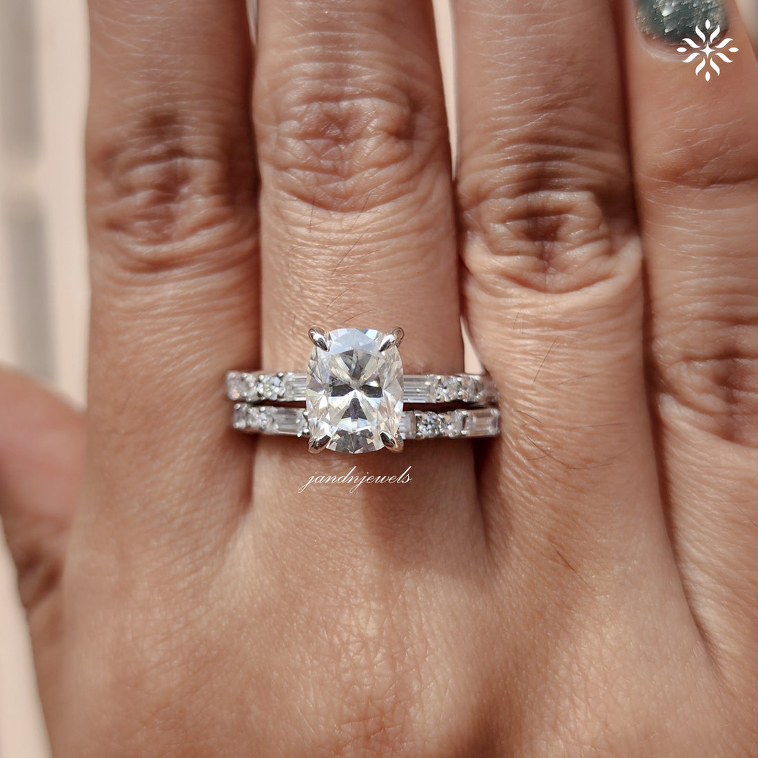 Elongated Cushion Cut Moissanite Engagement Ring Set Baguette & Round Diamond Band Bridal Ring Set 14K White Gold Ring Set