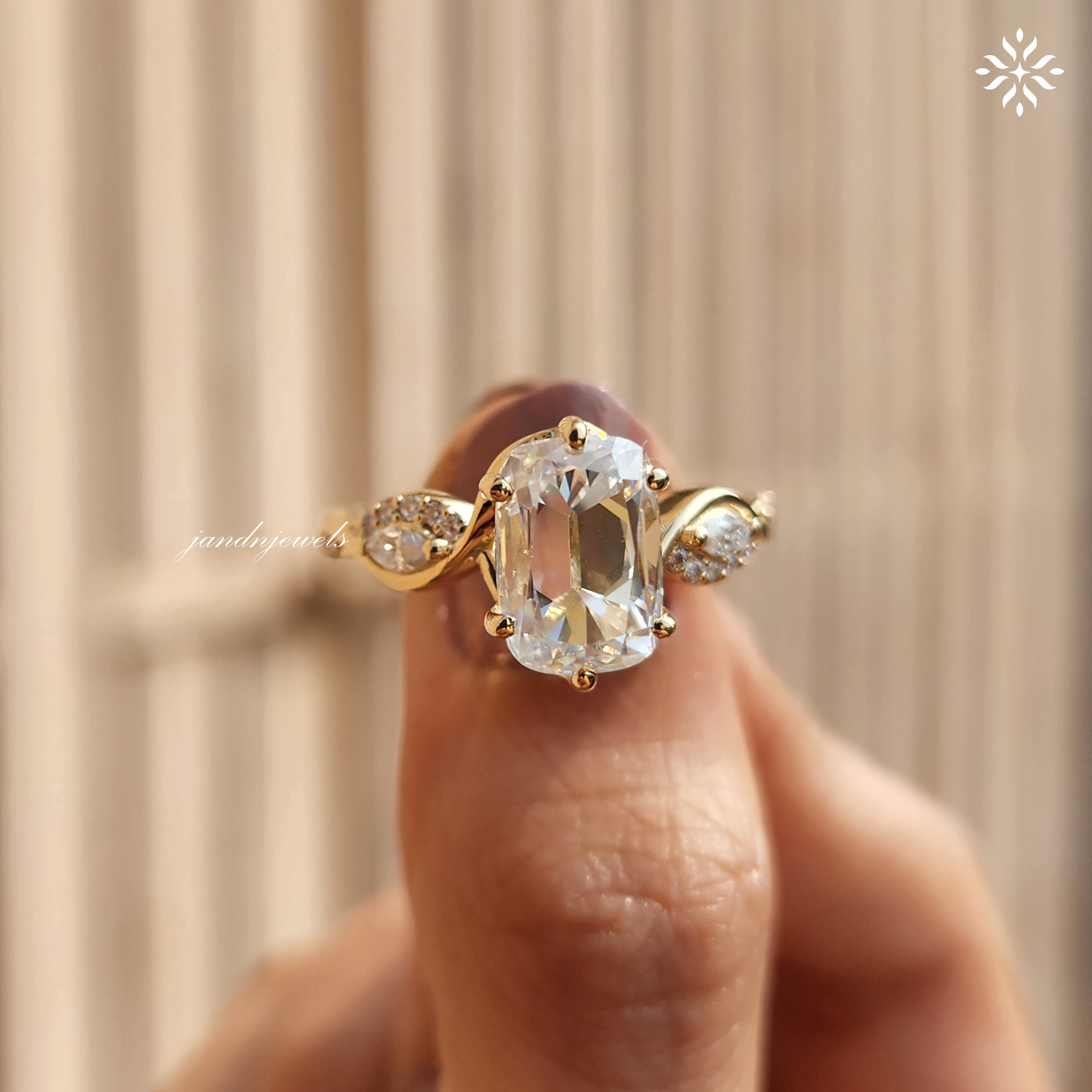 Old Mine Cushion Cut Moissanite Engagement Ring Nature Inspired Leaf Design Ring 14K Solid Gold Ring Floral Art Deco Ring Wedding Ring