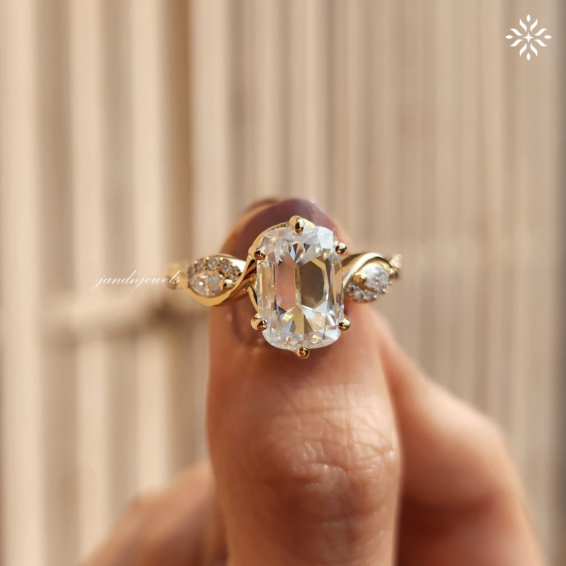 Old Mine Cushion Cut Moissanite Engagement Ring Nature Inspired Leaf Design Ring 14K Solid Gold Ring Floral Art Deco Ring Wedding Ring