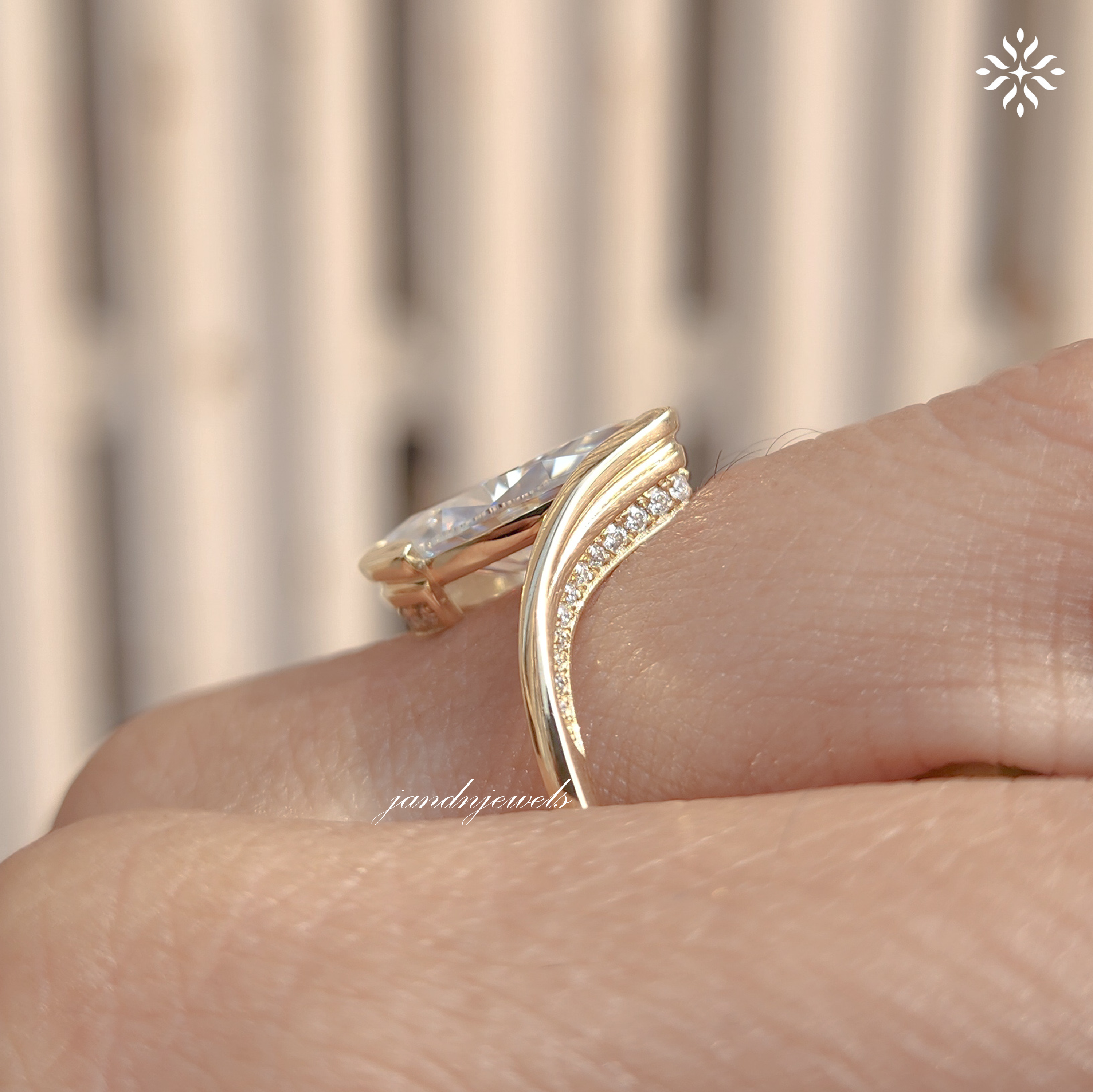 Marquise Moissanite Wrap Ring, Curved Pave Gold Band, Elegant Unique Engagement Ring for Women