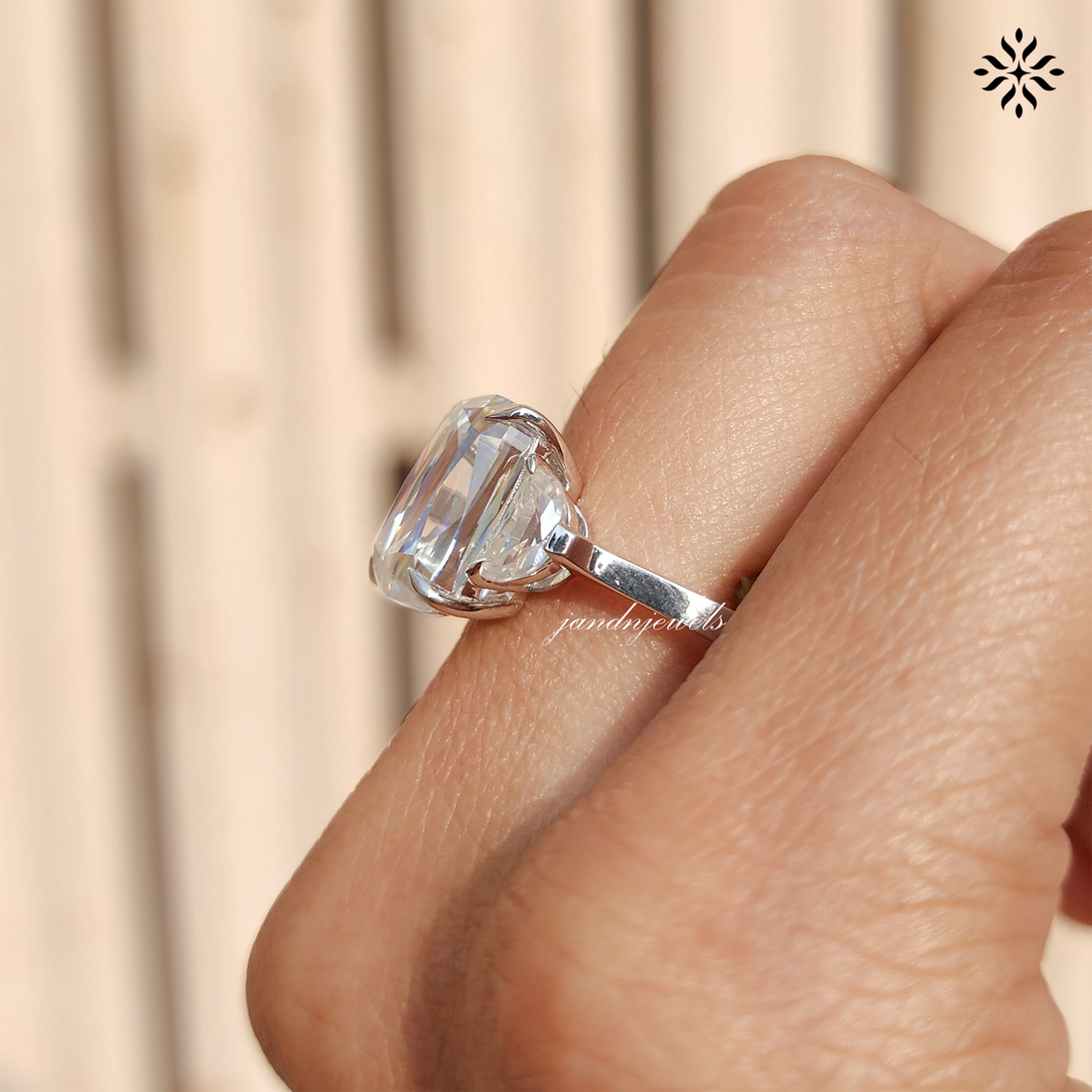 Elongated Criss Cut Cushion Moissanite Engagement Ring Three Stone Wedding Ring Side Stone Half Moon Trilogy Ring Multi Stone Ring for Her