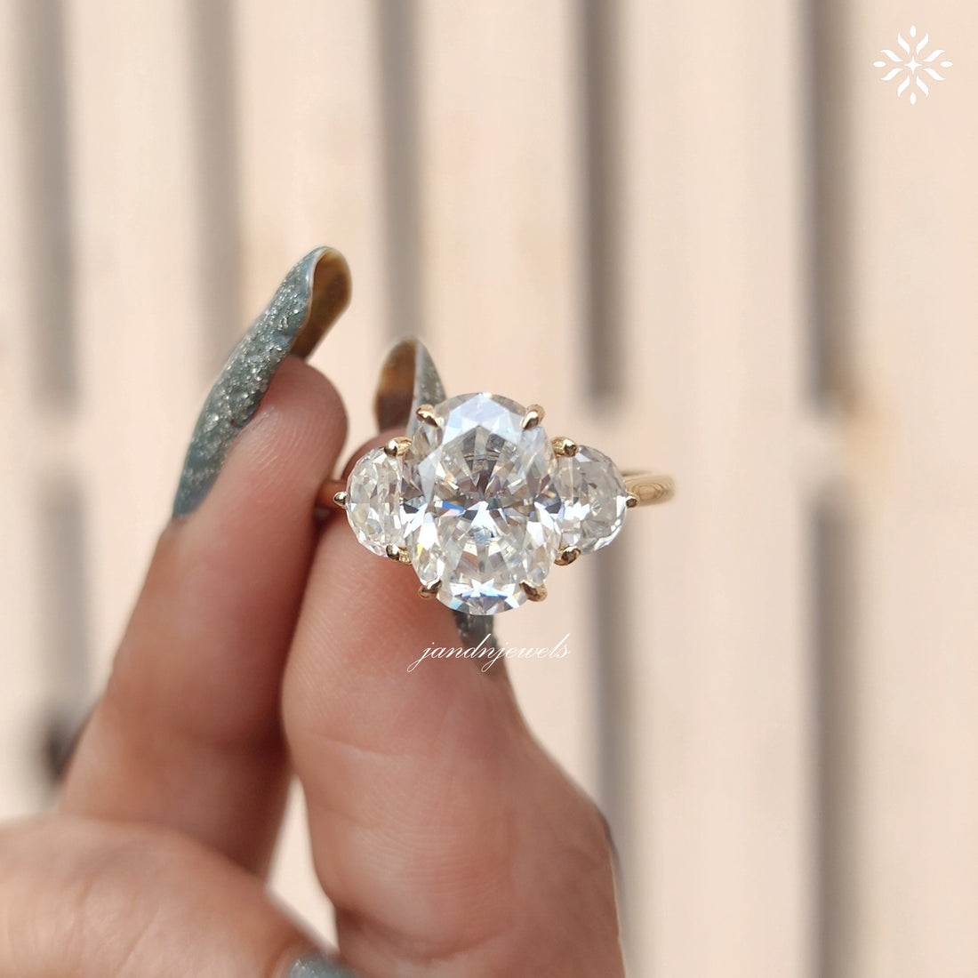 4CT Oval Cut Moissanite Engagement Ring Three Stone Half Moon Ring