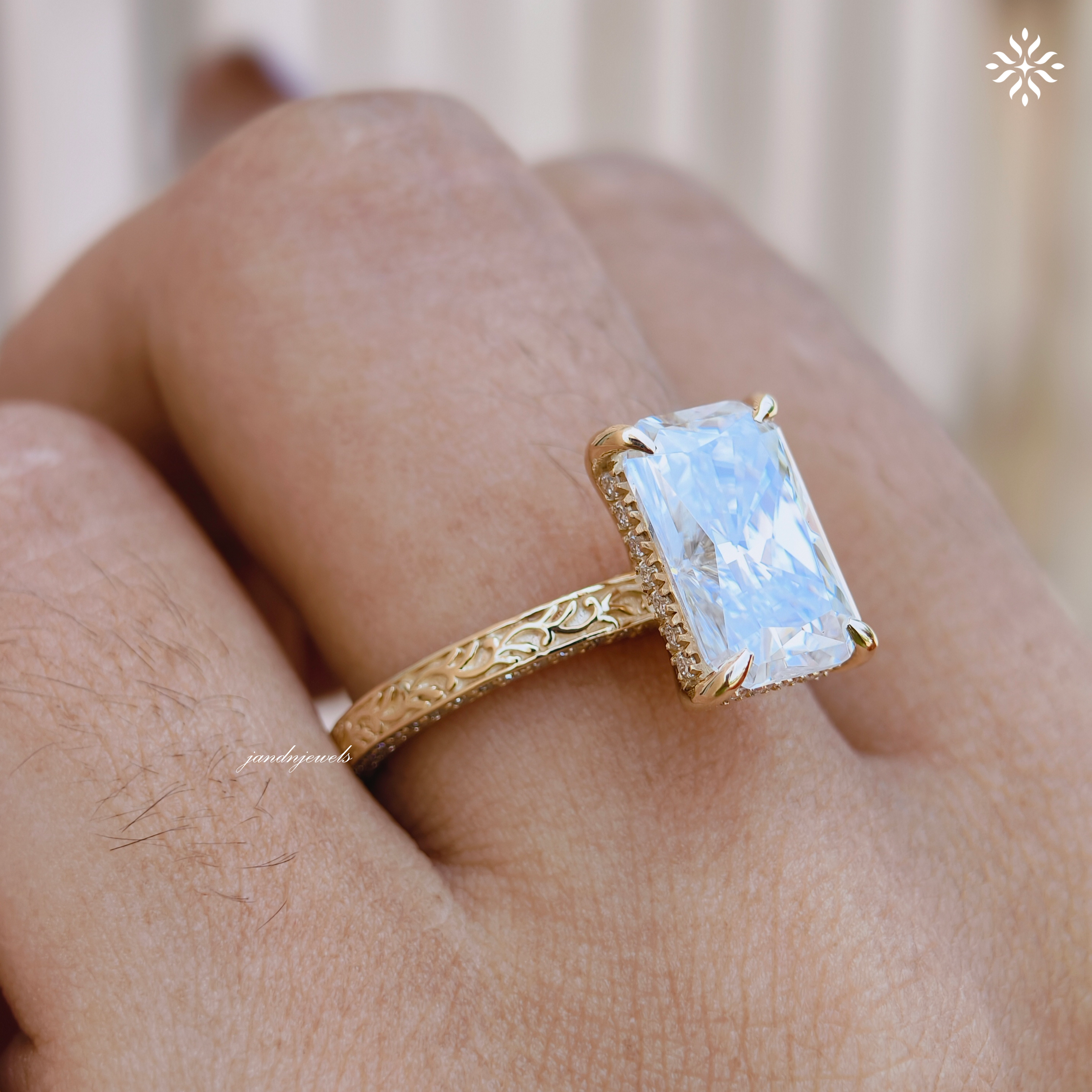4CT Radiant Cut Moissanite Ring, Solid Yellow Gold Radiant Cut Solitaire Ring, Engraved Wedding Ring, 4 Prongs Anniversary Ring for Women