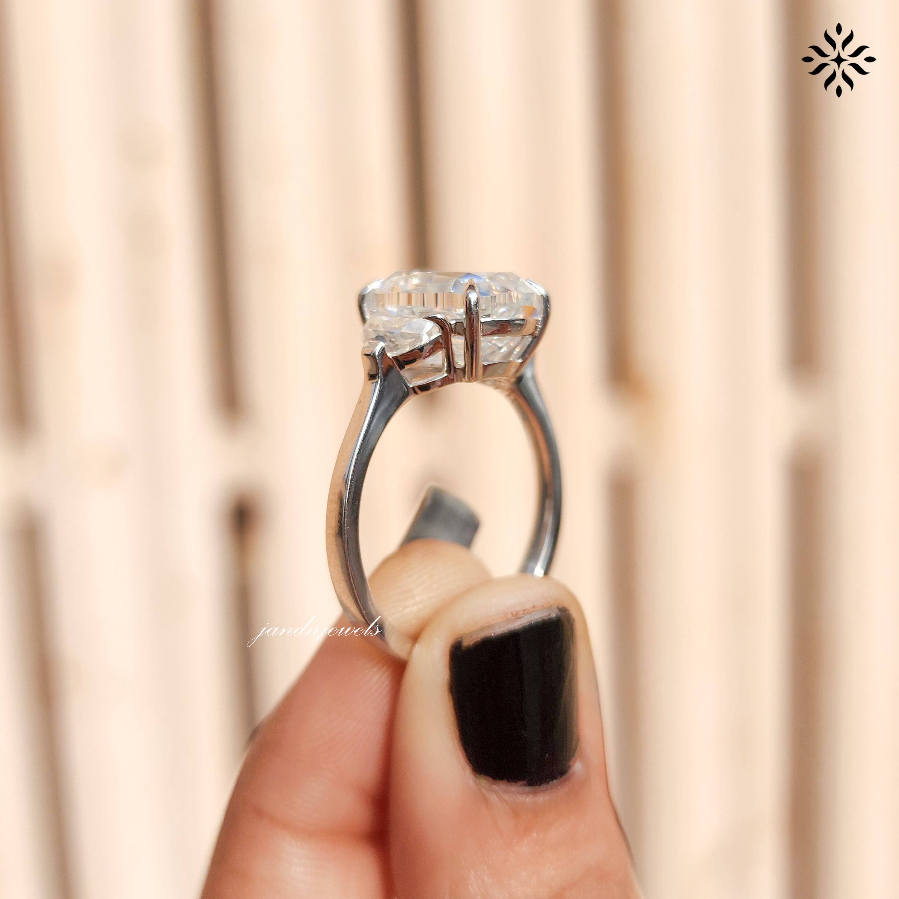 Elongated Criss Cut Cushion Moissanite Engagement Ring Three Stone Wedding Ring Side Stone Half Moon Trilogy Ring Multi Stone Ring for Her