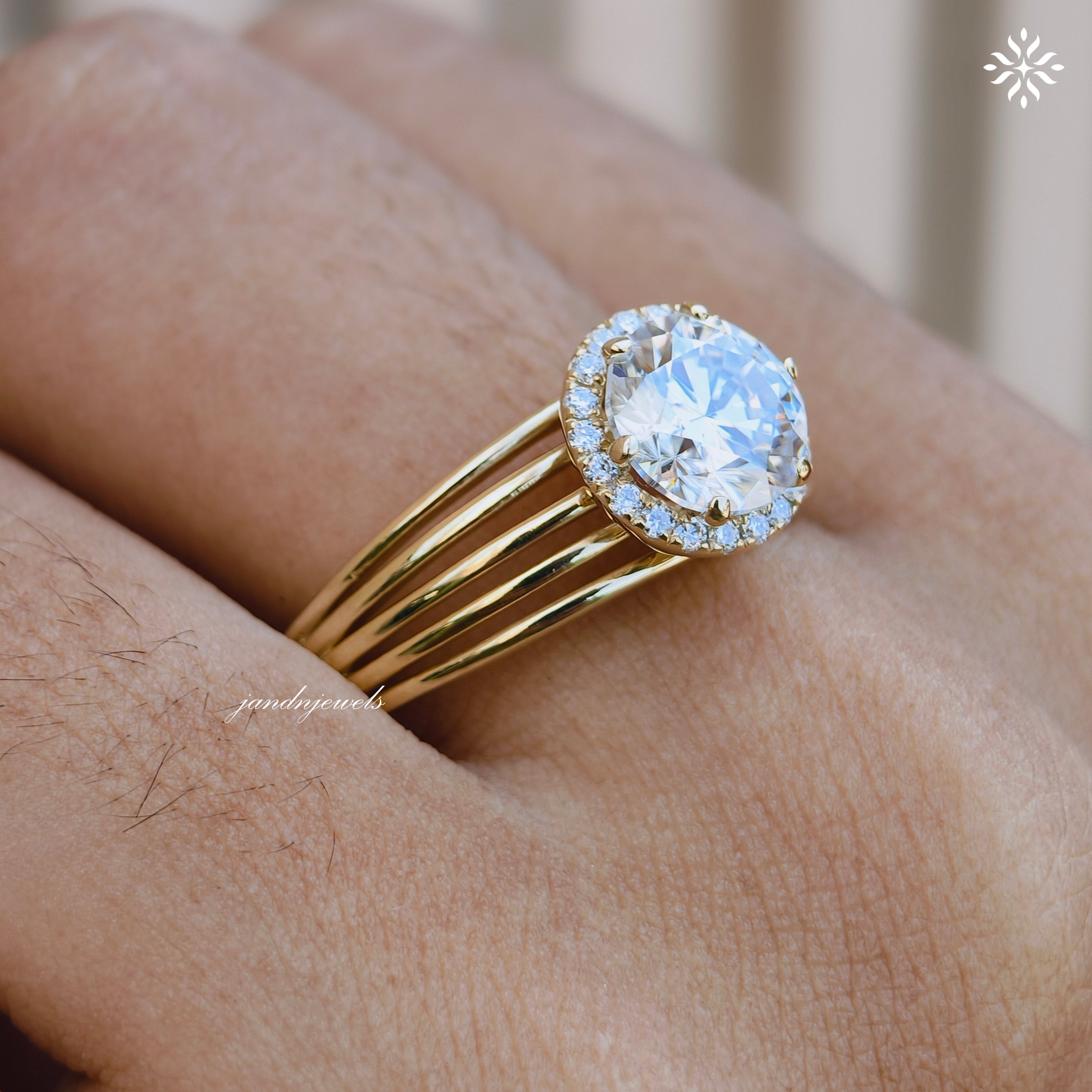 Brilliant Round Moissanite Engagement Ring Open Split Shank Gold Ring Halo Antique Style Ring Antique Style Bridal Ring