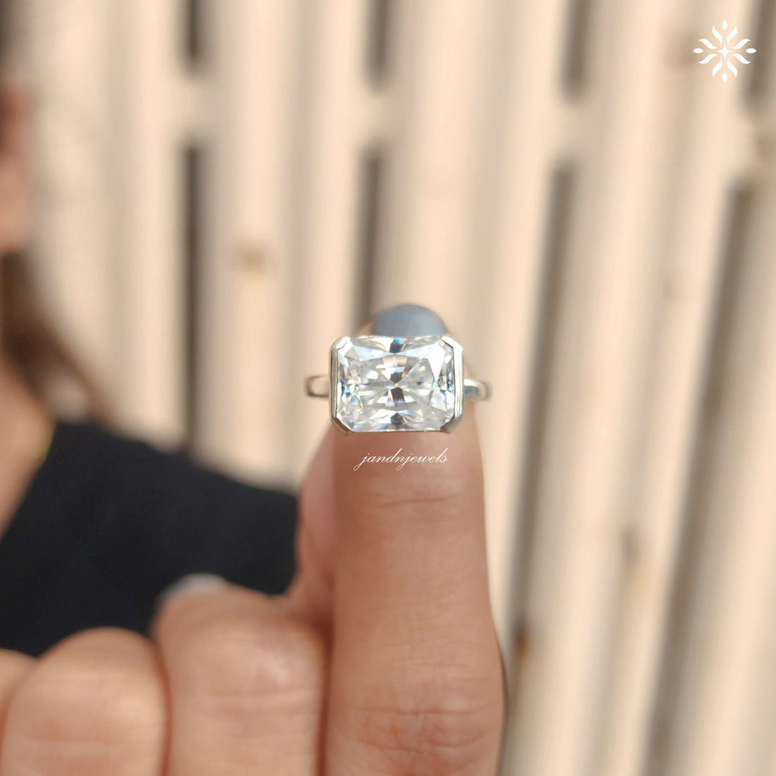 Half Bezel Set Radiant Cut Moissanite Engagement Ring East West Radiant Diamond Wedding Gift Handmade Ring Open Shank Custom Bridal Ring