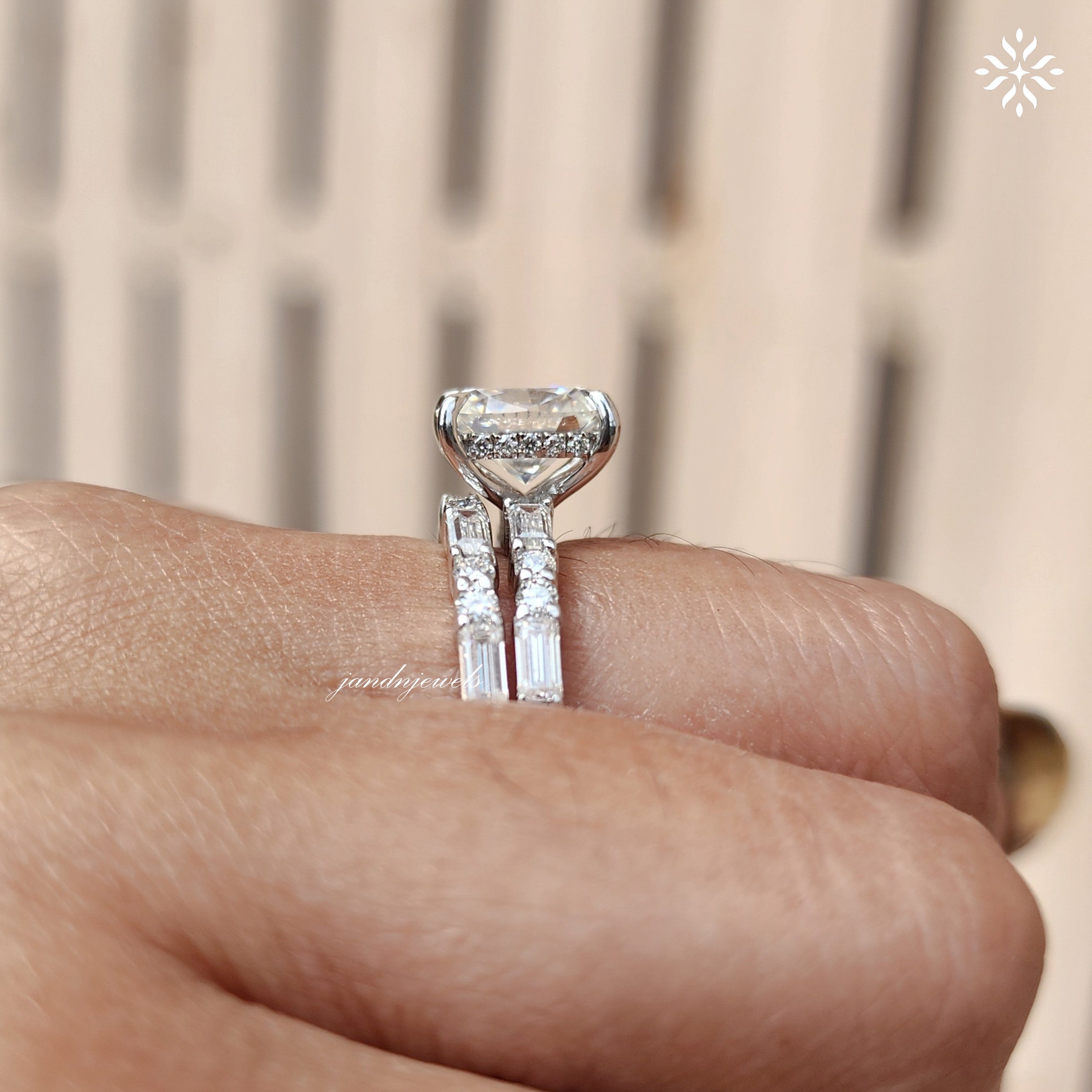 Elongated Cushion Cut Moissanite Engagement Ring Set Baguette & Round Diamond Band Bridal Ring Set 14K White Gold Ring Set