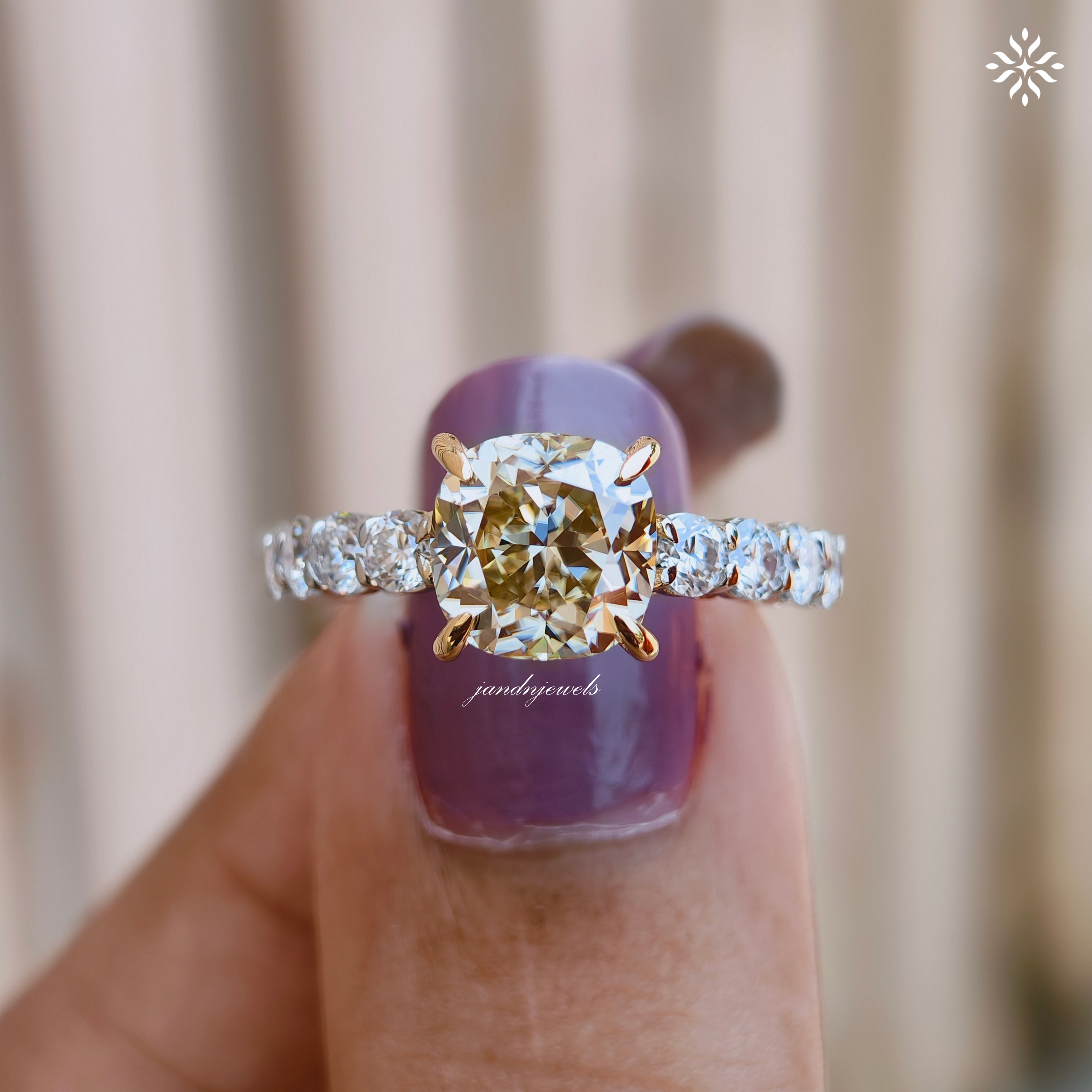 Fancy Intense Yellow Cushion Cut Lab Grown Diamond Engagement Ring Two Tone Ring Hidden Halo Ring Cathedral Setting Ring