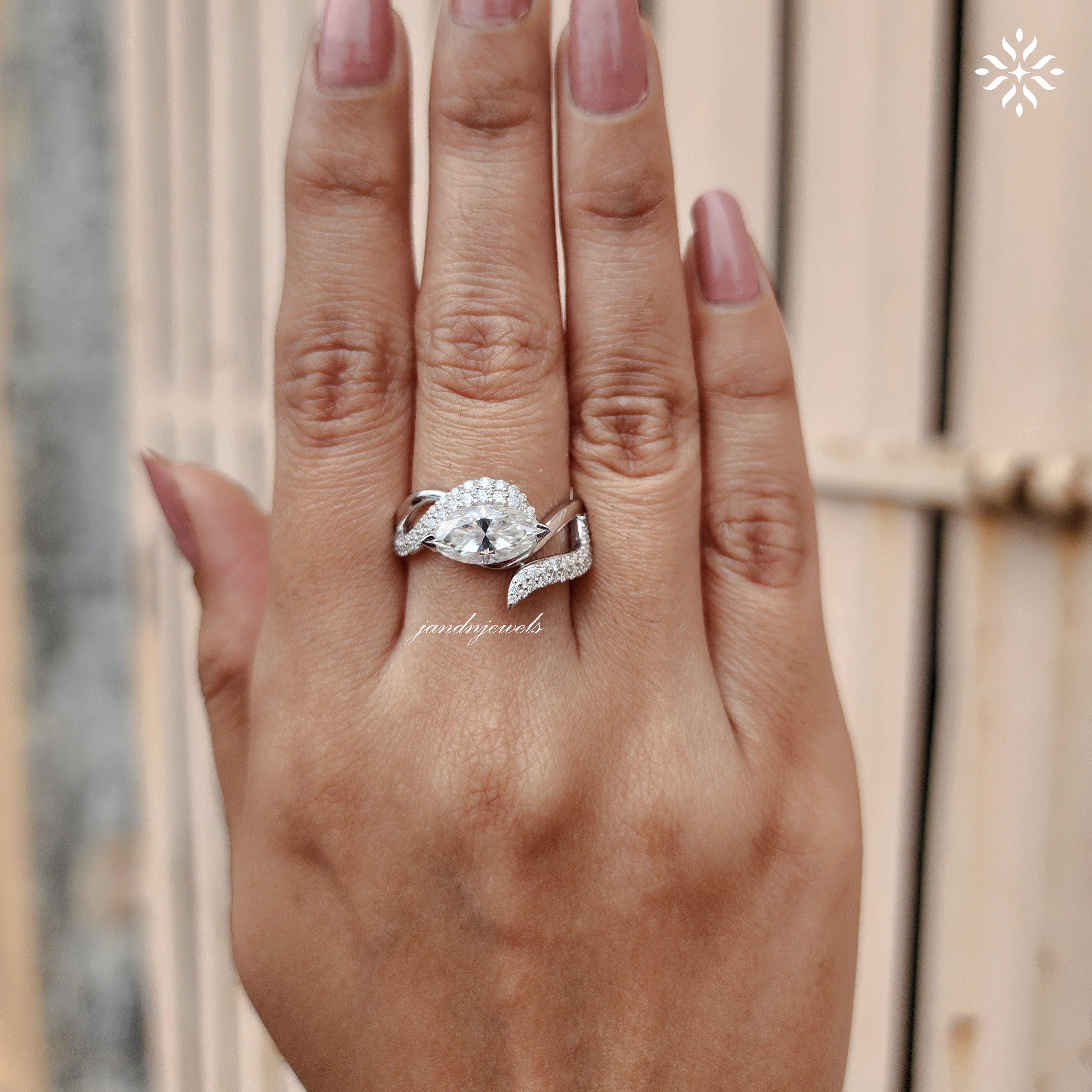 Marquise Moissanite Engagement Ring, Twisted Pave Diamond Band, Unique Swirl Gold Statement Ring