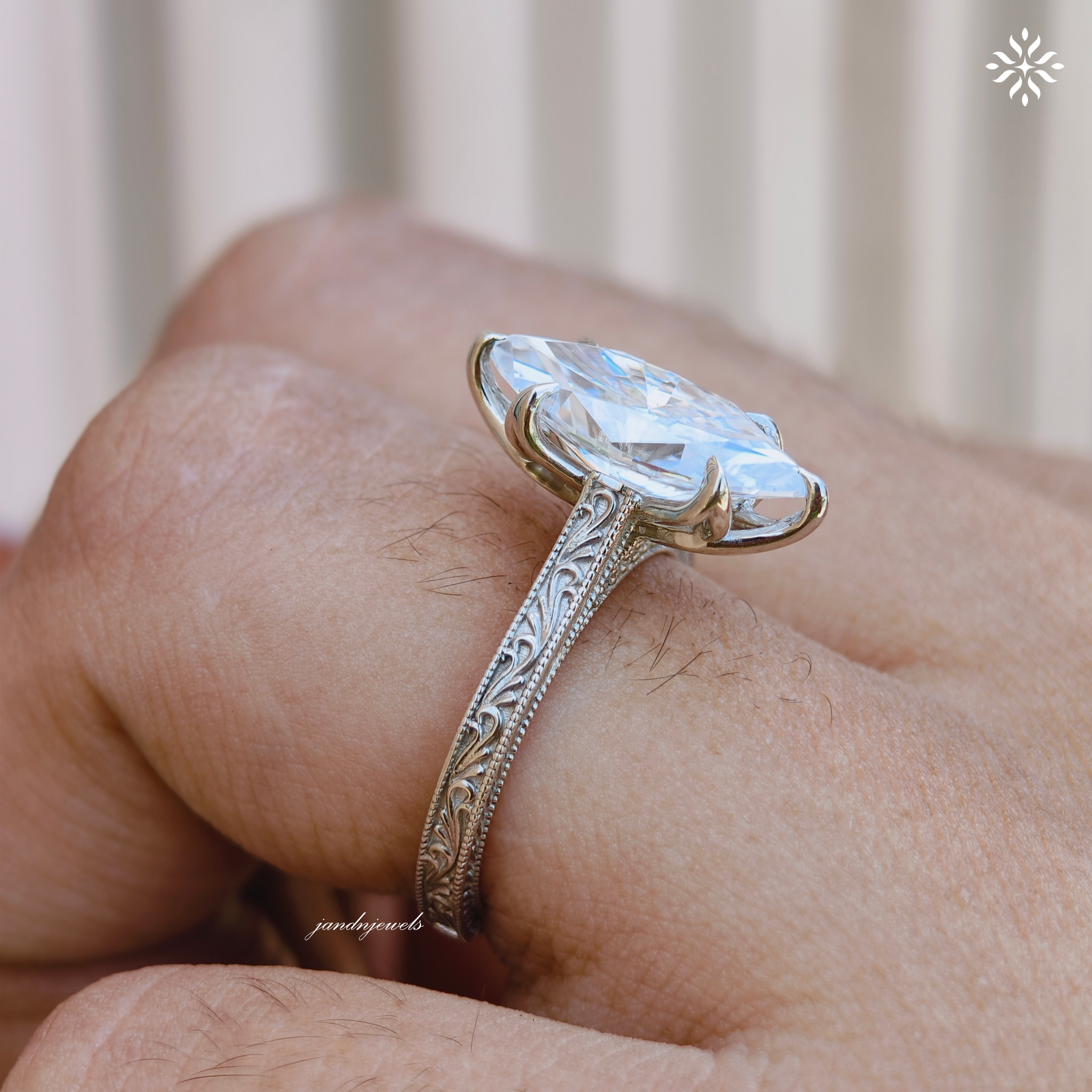 2.5CT Filigree Marquise Cut Moissanite Engagement Ring Art Deco Engraved Band Solitaire Ring 14K Gold Six Prong Designer Bridal Ring for Her