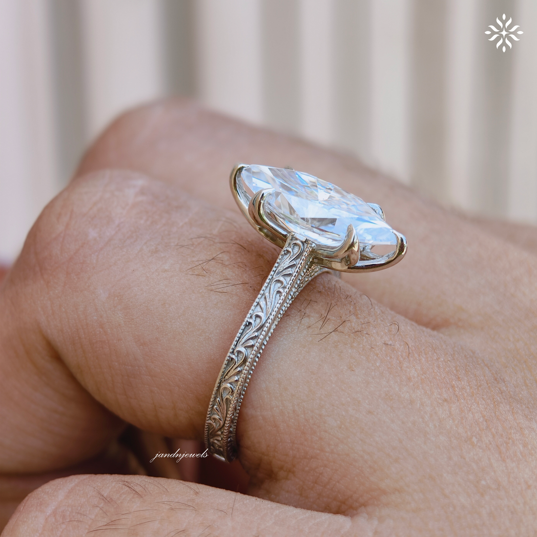 2.5CT Filigree Marquise Cut Moissanite Engagement Ring Art Deco Engraved Band Solitaire Ring 14K Gold Six Prong Designer Bridal Ring for Her