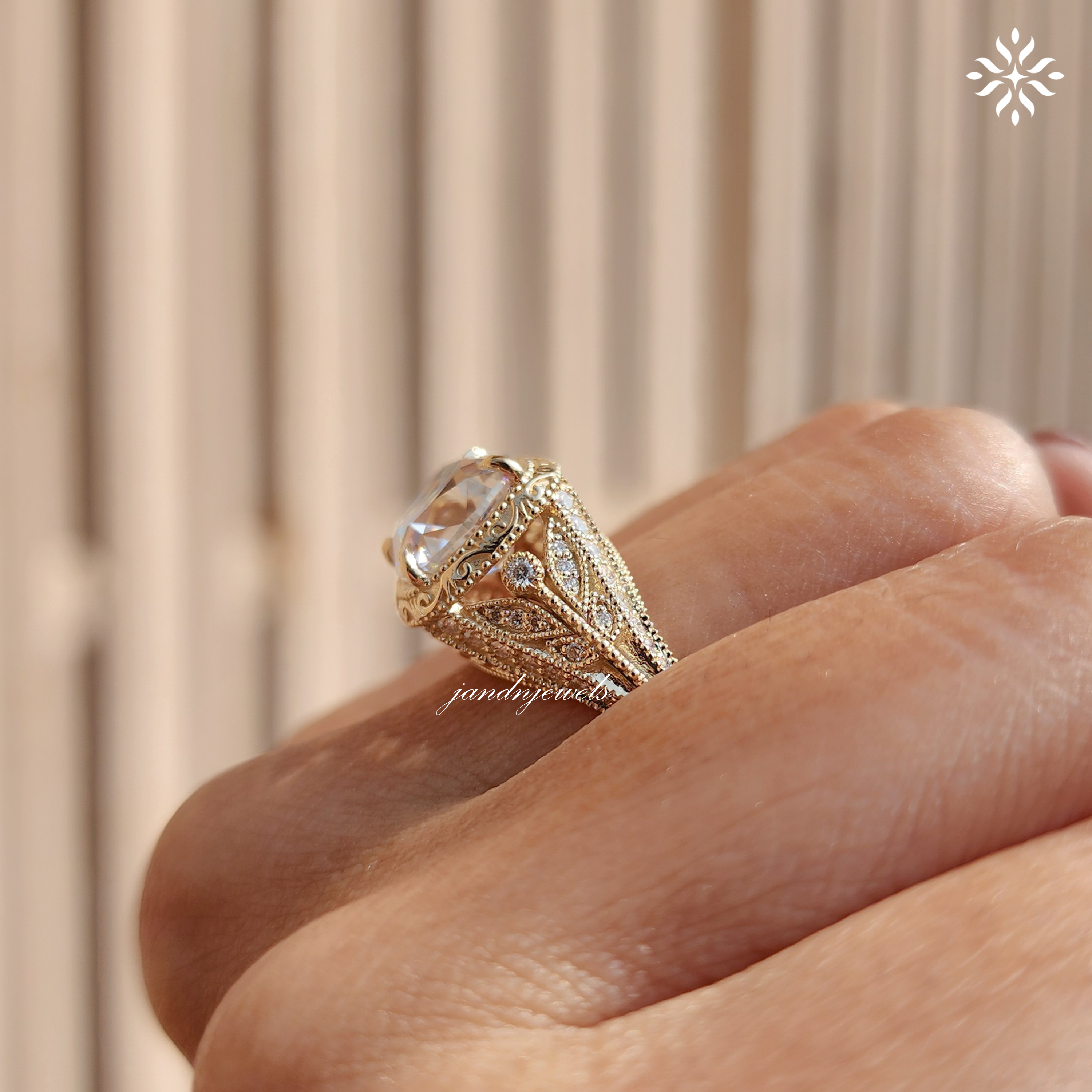 Art Deco Old Mine Cushion Cut Moissanite Engagement Ring Handcrafted Engraved Milgrain Ring 14K Solid Gold Vintage Ring, Taylor Swift Ring