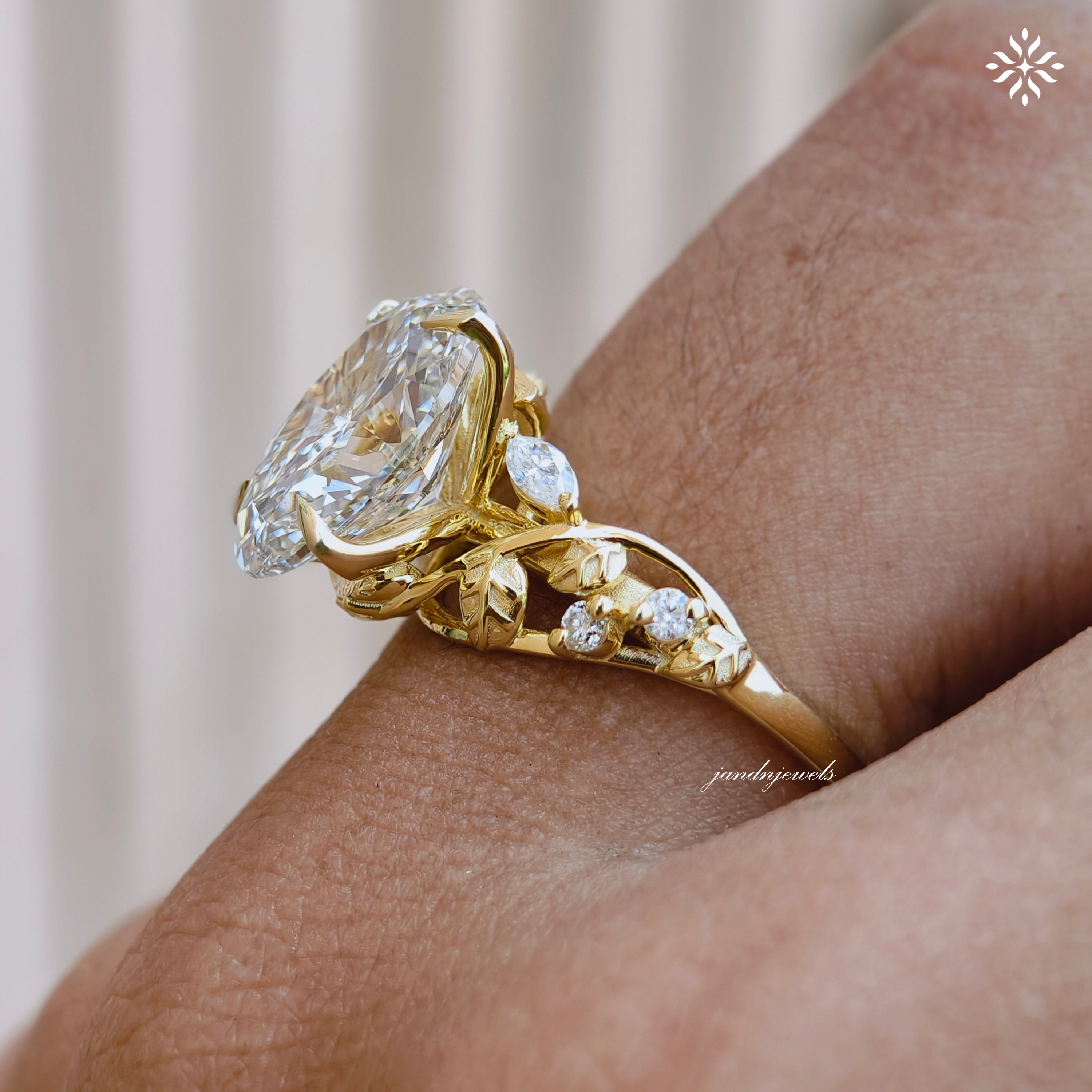 Botanical Oval Cut Lab Grown Diamond Engagement Ring Nature Inspired Floral Ring Vine Leaf Wedding Ring 14K Solid Yellow Gold Ring for Her