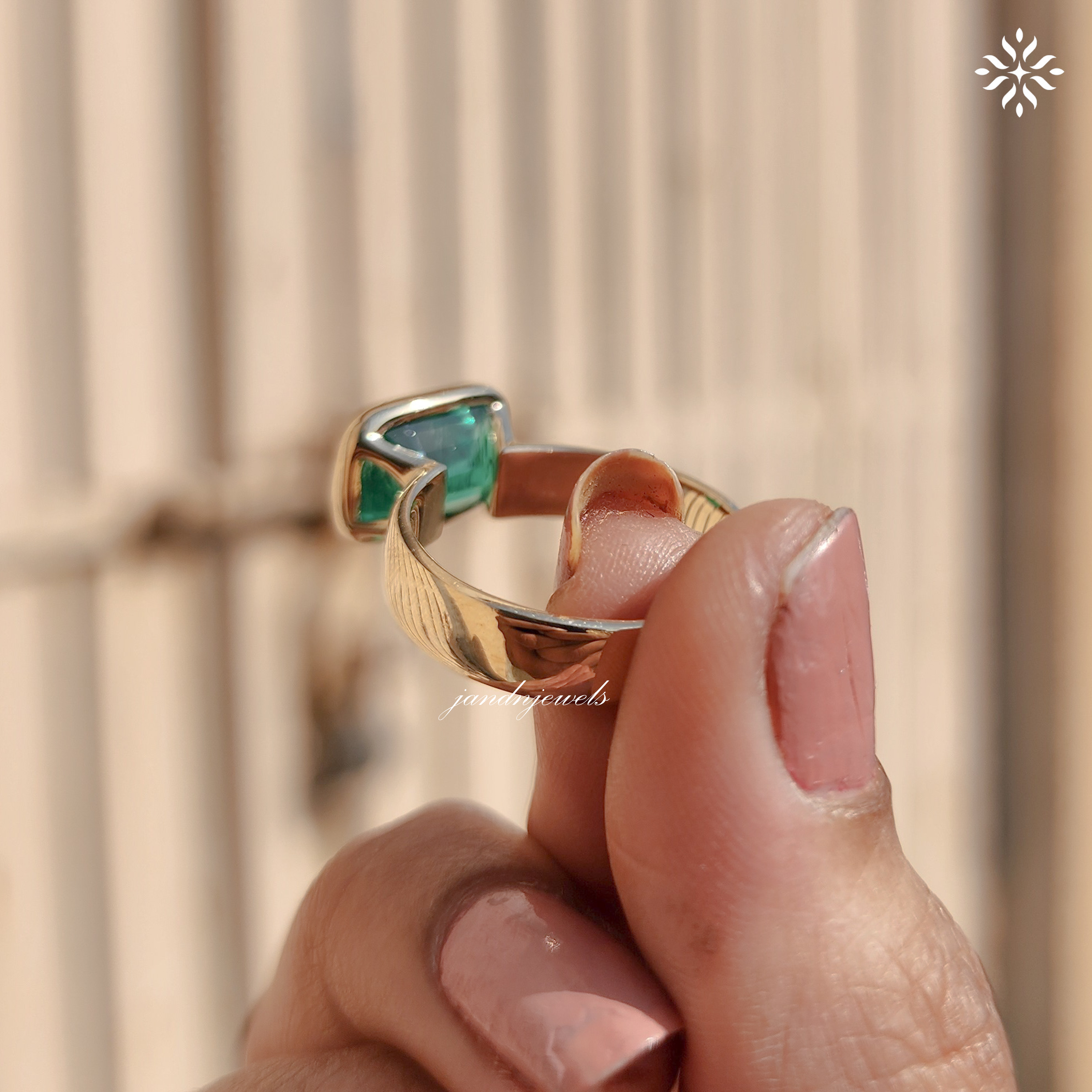 Green Emerald Cushion Cut Ring Bezel Set Solitaire 14K Gold Engagement Ring East West Ring