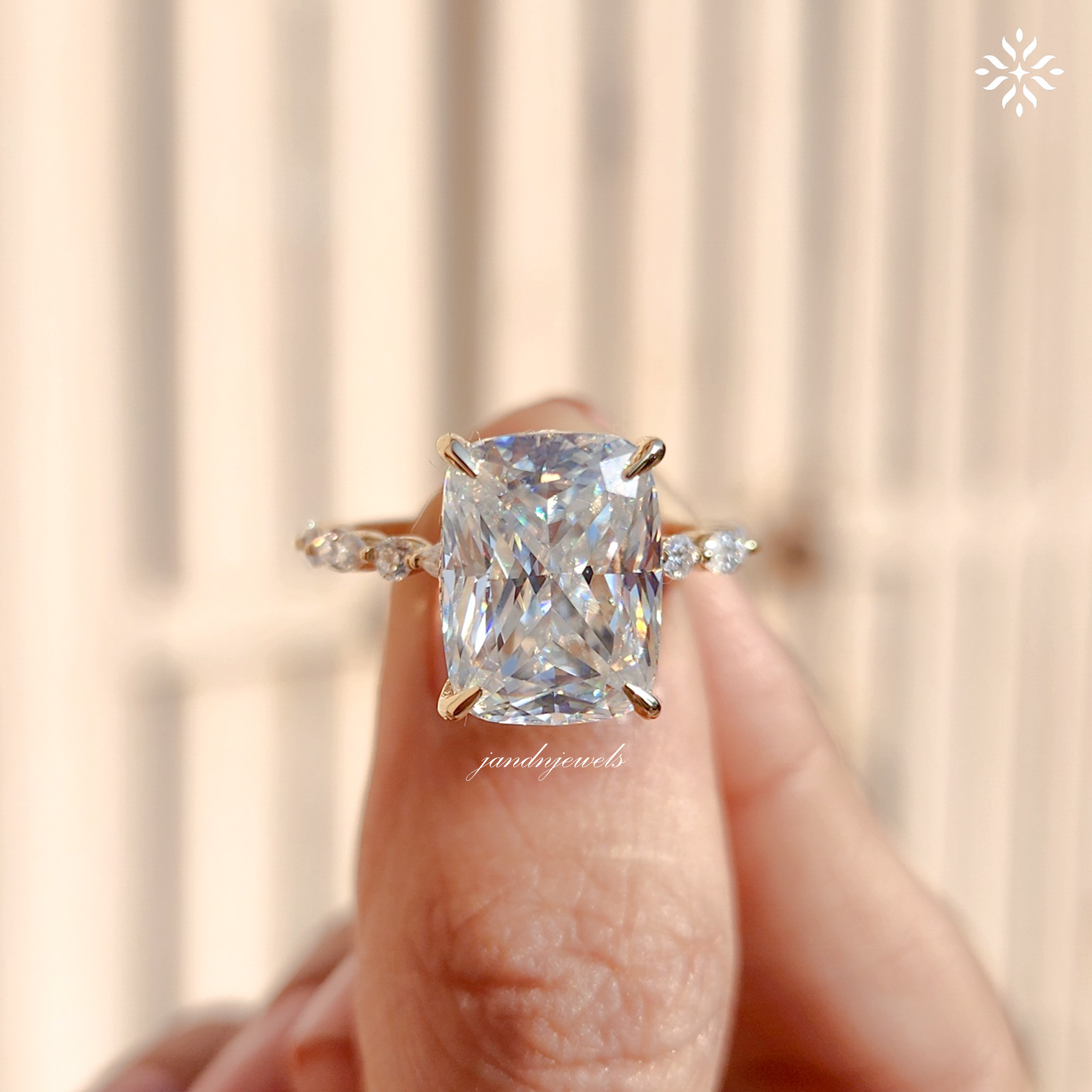4CT Cushion Cut Moissanite Engagement Ring Hidden Halo 14K Gold Diamond Band Bridal Ring