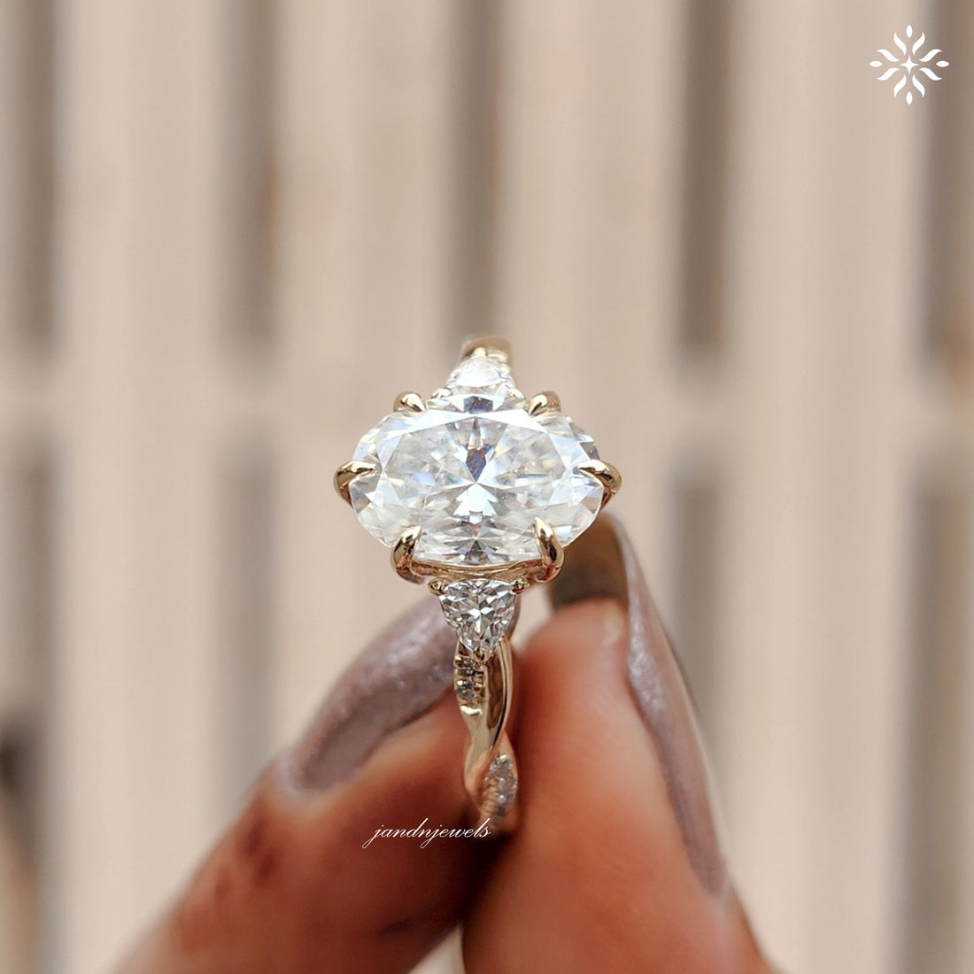 Three Stone oval Cut Moissanite Engagement Ring Twisted Band Wedding Ring Side Stone Trillion Side Stone Ring