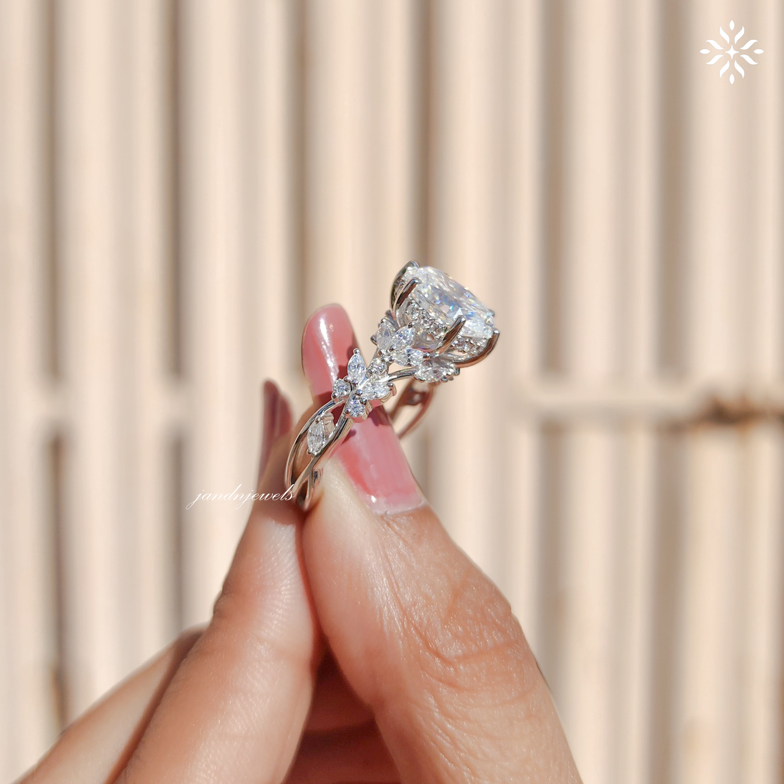 Oval Moissanite Ring, Nature Inspired Floral Diamond Band, Unique Vintage Gold Engagement Ring