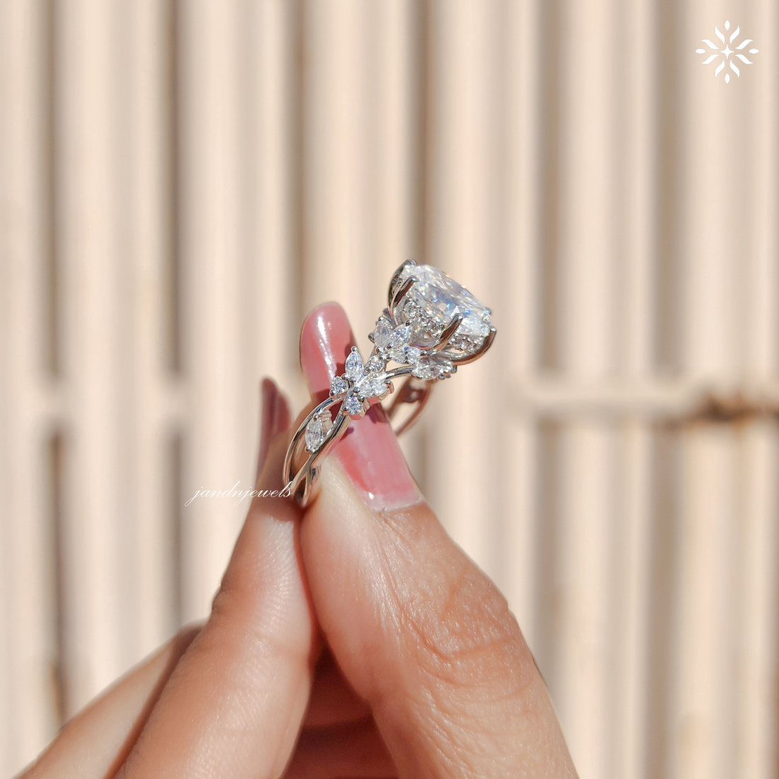Oval Moissanite Ring, Nature Inspired Floral Diamond Band, Unique Vintage Gold Engagement Ring