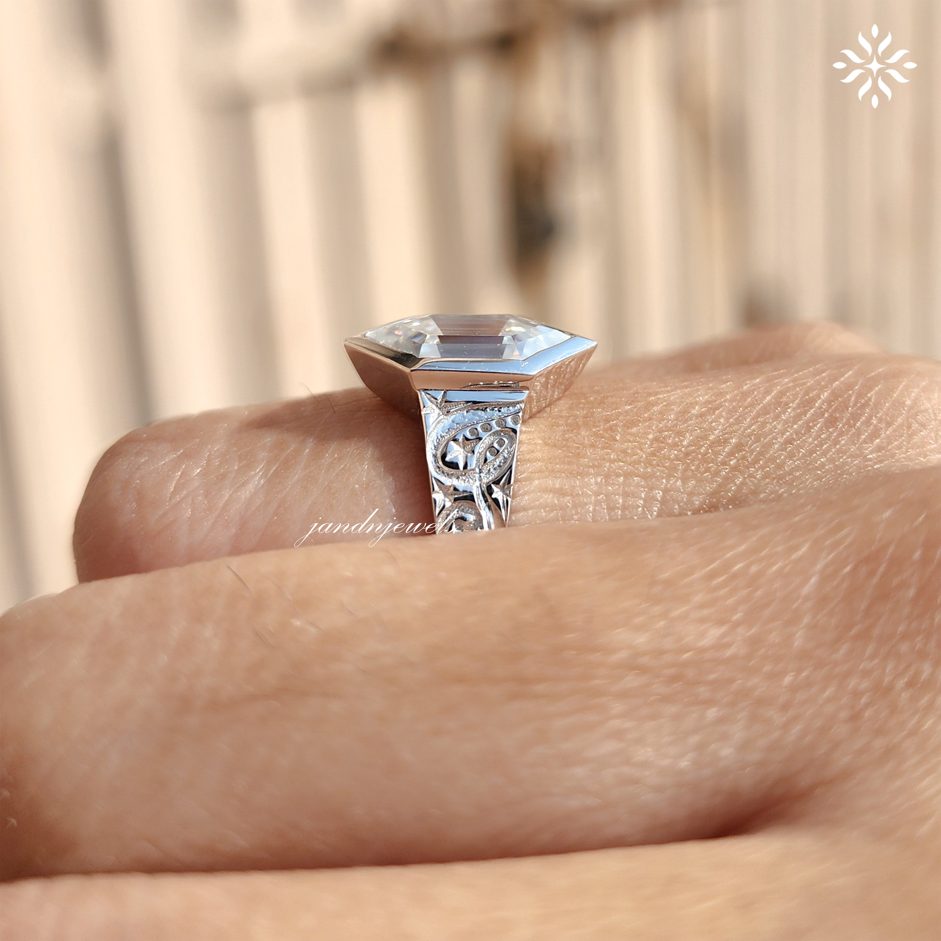 2.5CT Hexagon Cut Moissanite Engagement Ring 14K Yellow Gold Art Deco Engraved Bezel Setting Art Deco Geometric Bridal Ring For Women