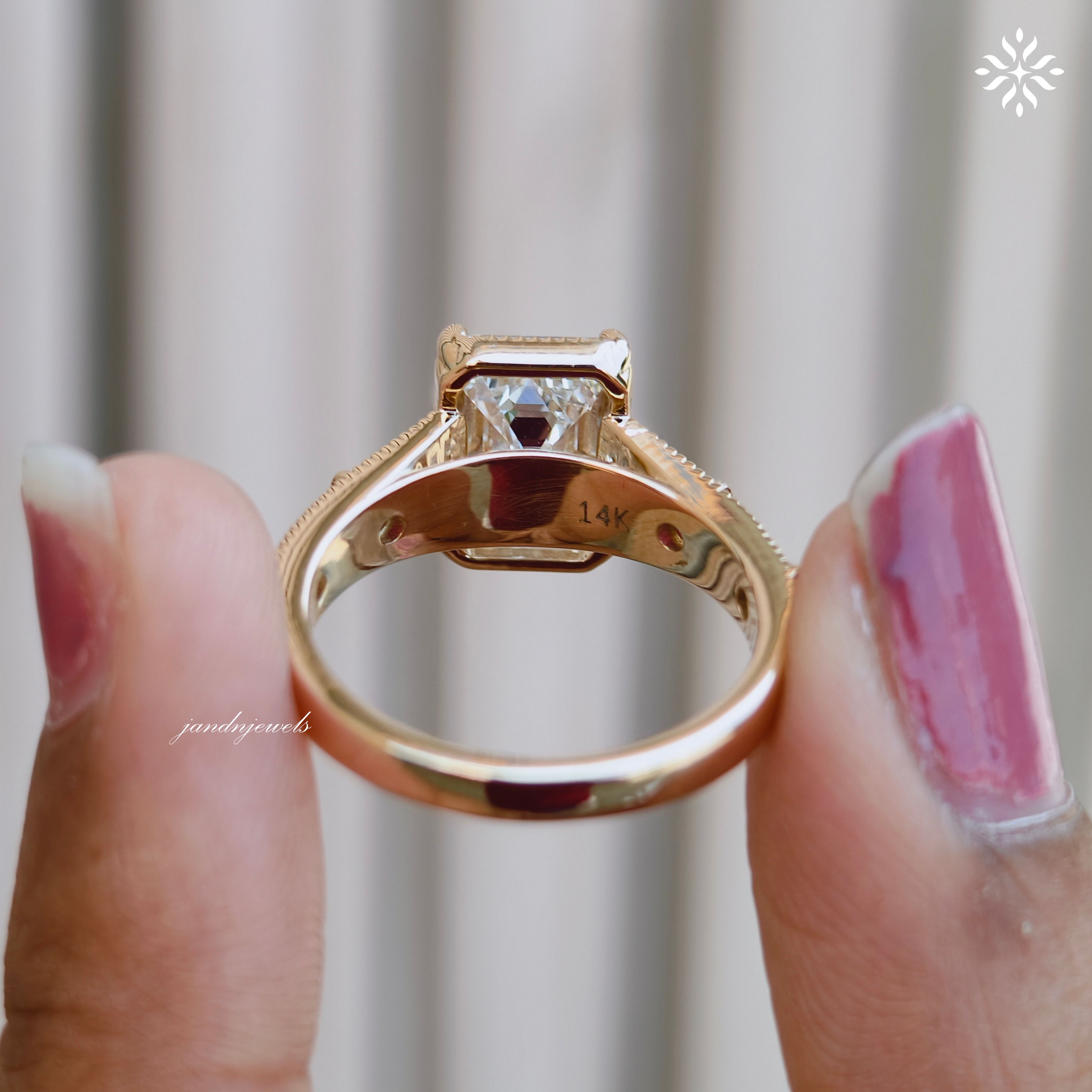 3CT Emerald Cut Lab Grown Diamond Engagement Ring, Pink Sapphire Side Stone Ring, Vintage Inspired Engraved Band, 14K Gold Wedding Ring
