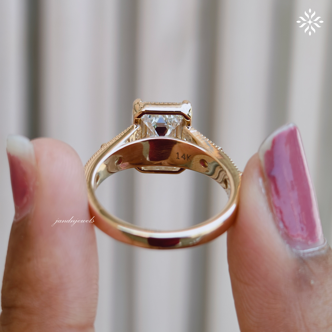 3CT Emerald Cut Lab Grown Diamond Engagement Ring, Pink Sapphire Side Stone Ring, Vintage Inspired Engraved Band, 14K Gold Wedding Ring