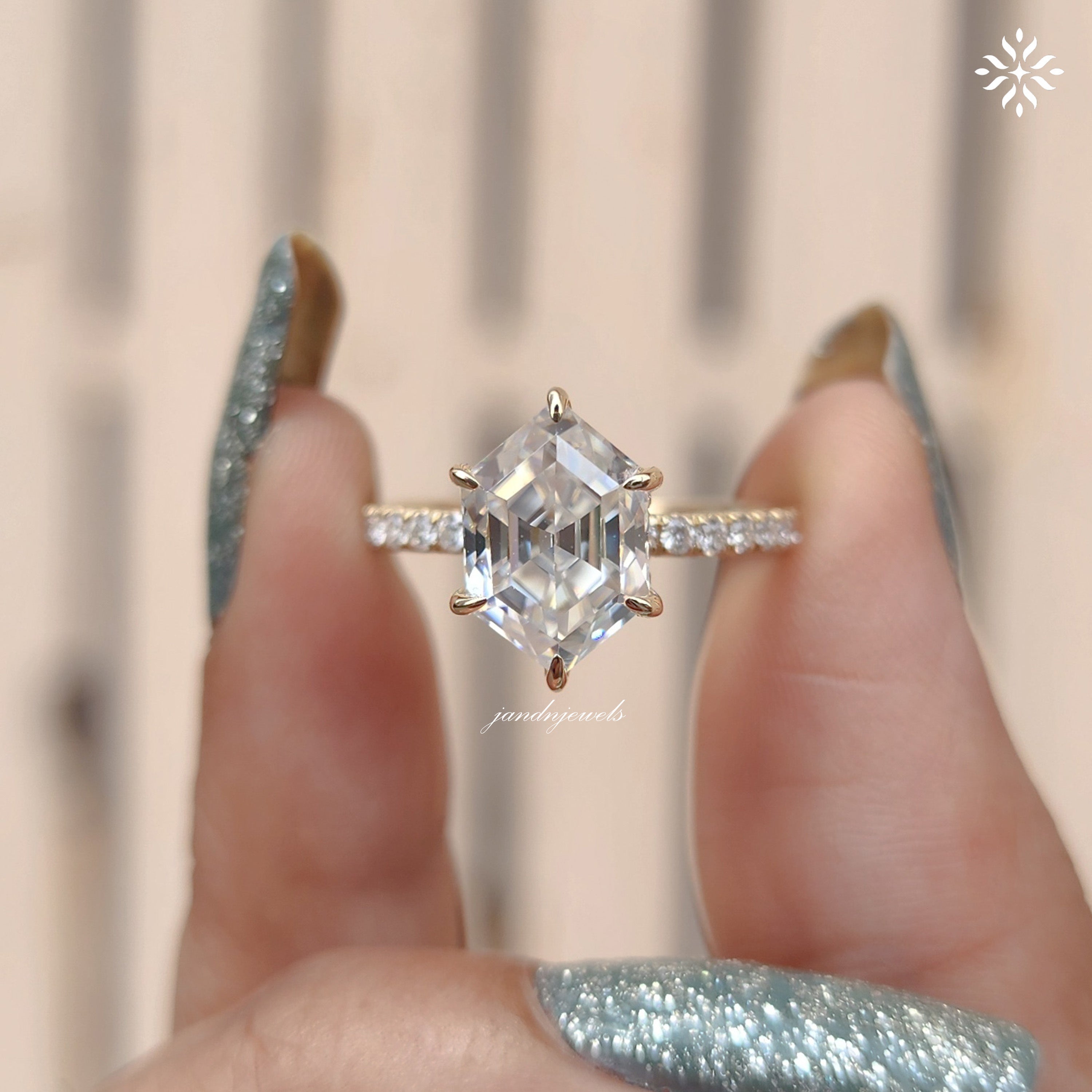 2CT Hexagon Cut Moissanite Engagement Ring Hidden Halo Ring Wedding Ring 14K Gold Ring Thin Pavé Band Modern Geometric Bridal Ring