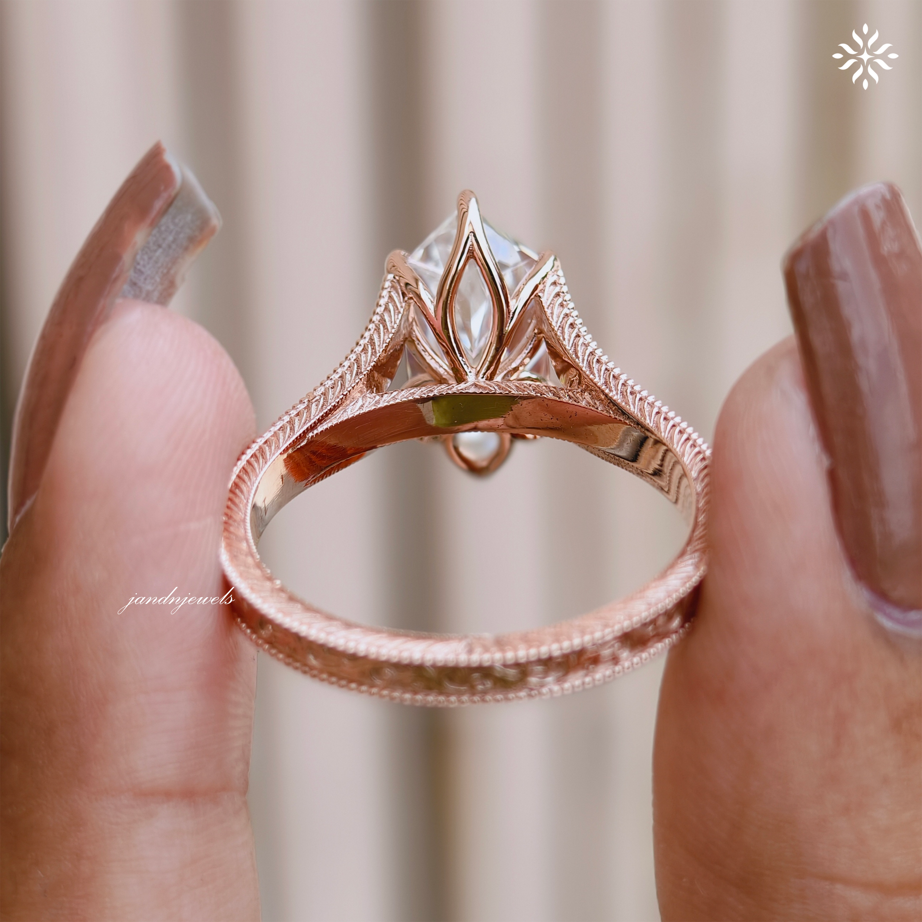 Dutch Marquise Moissanite Engagement Ring Art Deco Engraved Band Solitaire Ring 14K Gold Six Prong Designer Bridal Ring For Her