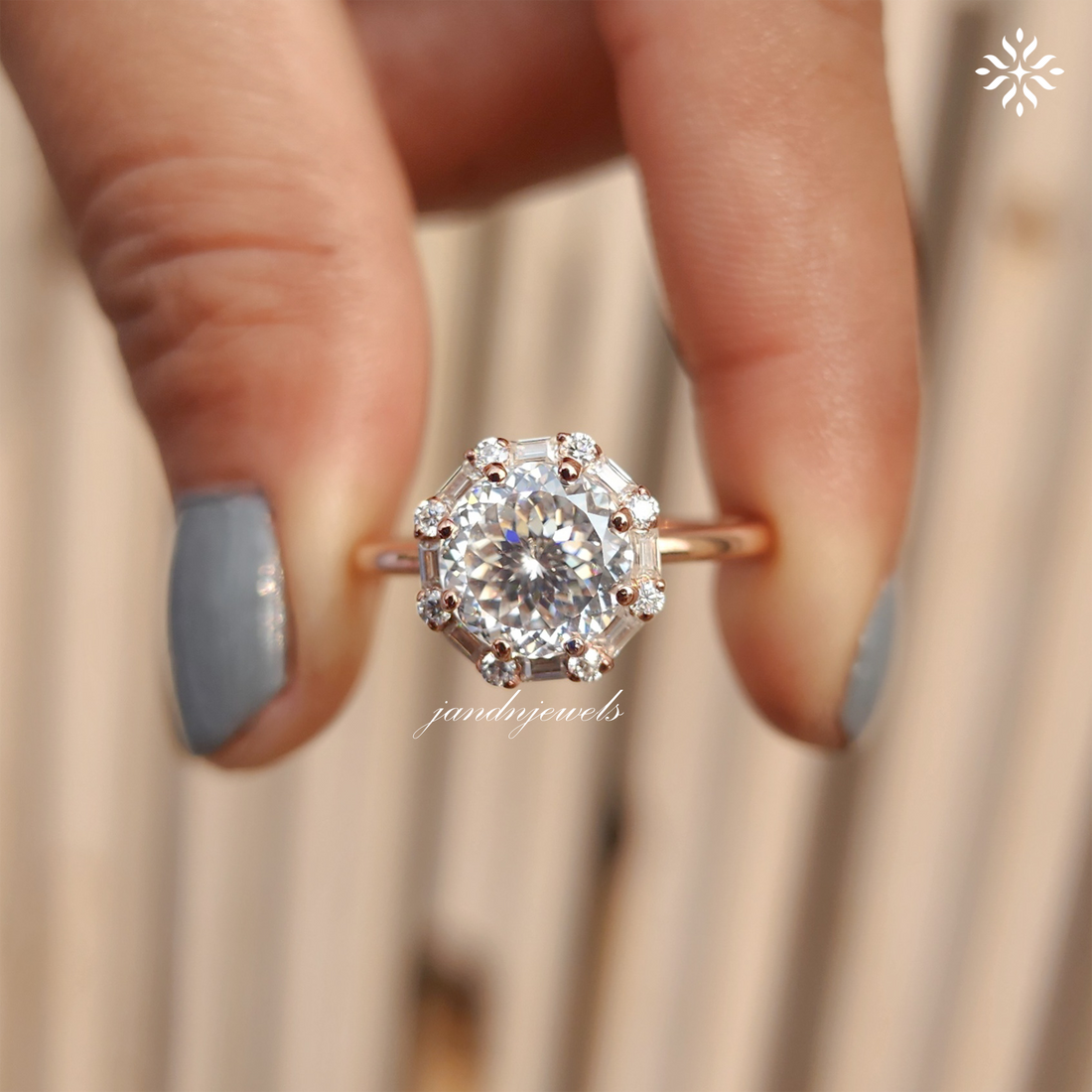 Unique Portuguese Cut Moissanite Engagement Ring Luxe Baguette & Round Halo Diamond Ring 14K Solid Gold Solitaire Ring