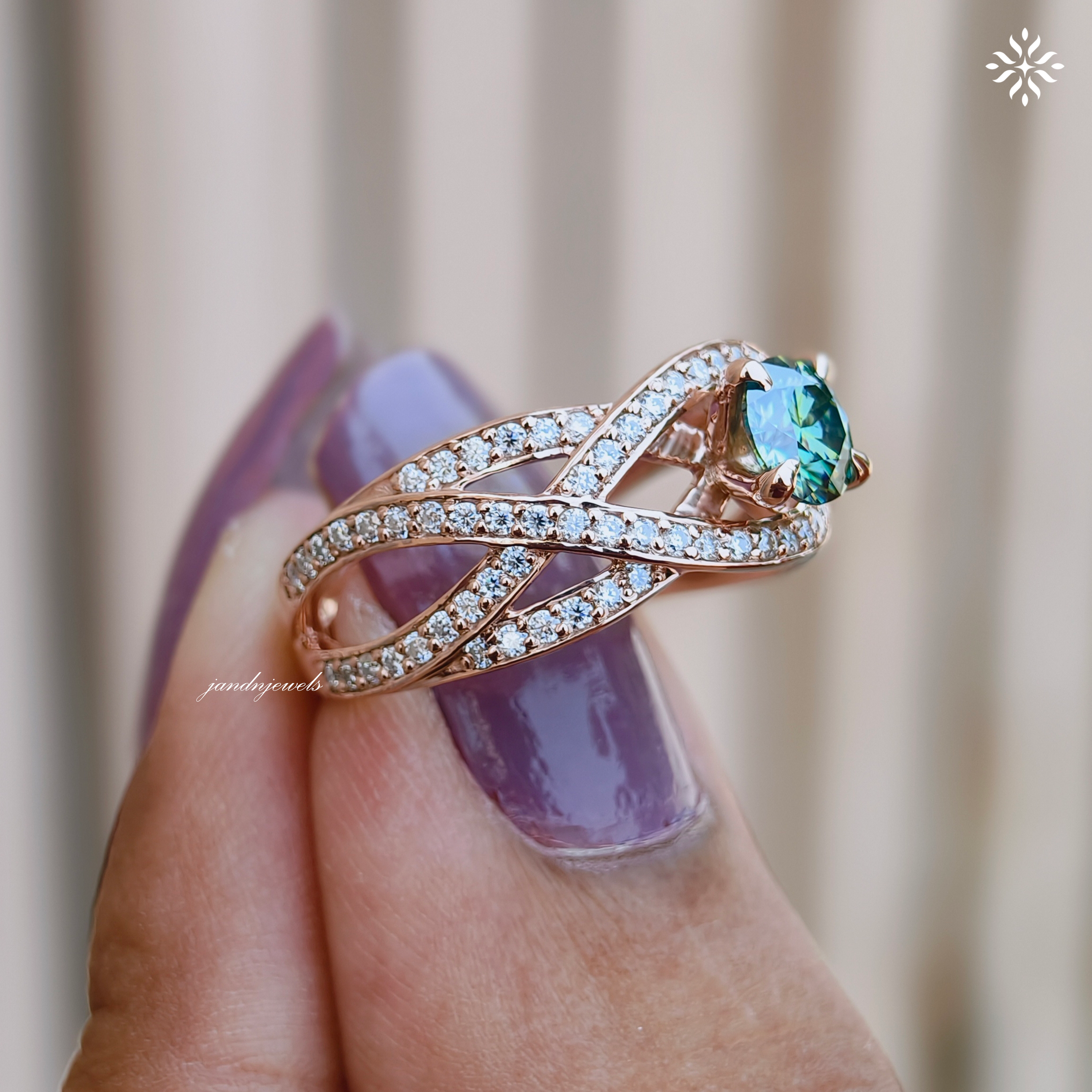 Cyan Blue Round Cut Moissanite Engagement Ring, Floral Wedding Ring, Unique Pave Band, 14K Gold Ring, Diamond Ring, Anniversary Ring