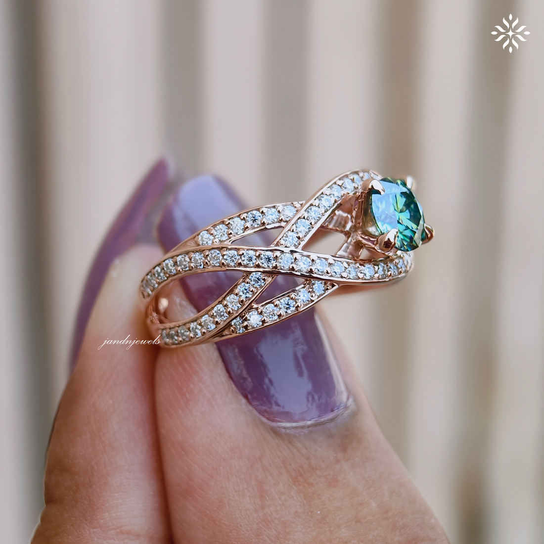 Cyan Blue Round Cut Moissanite Engagement Ring, Floral Wedding Ring, Unique Pave Band, 14K Gold Ring, Diamond Ring, Anniversary Ring