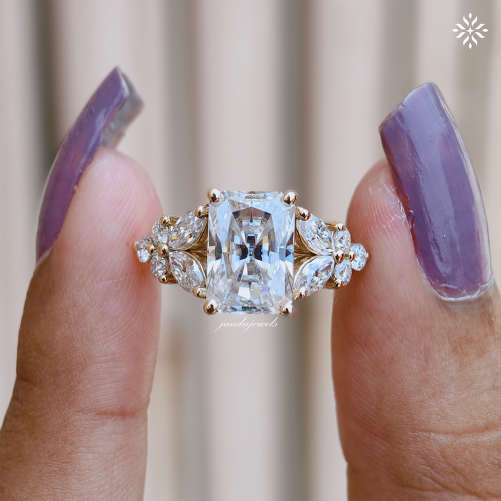 3 Carat Radiant Cut Moissanite Cluster Engagement Ring 14K Solid Gold Ring Floral Cluster Marquise Ring Unique Wedding Ring for Women