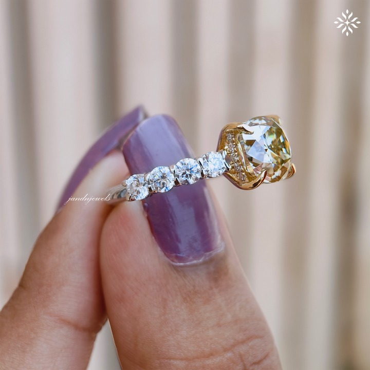 Fancy Intense Yellow Cushion Cut Lab Grown Diamond Engagement Ring Two Tone Ring Hidden Halo Ring Cathedral Setting Ring
