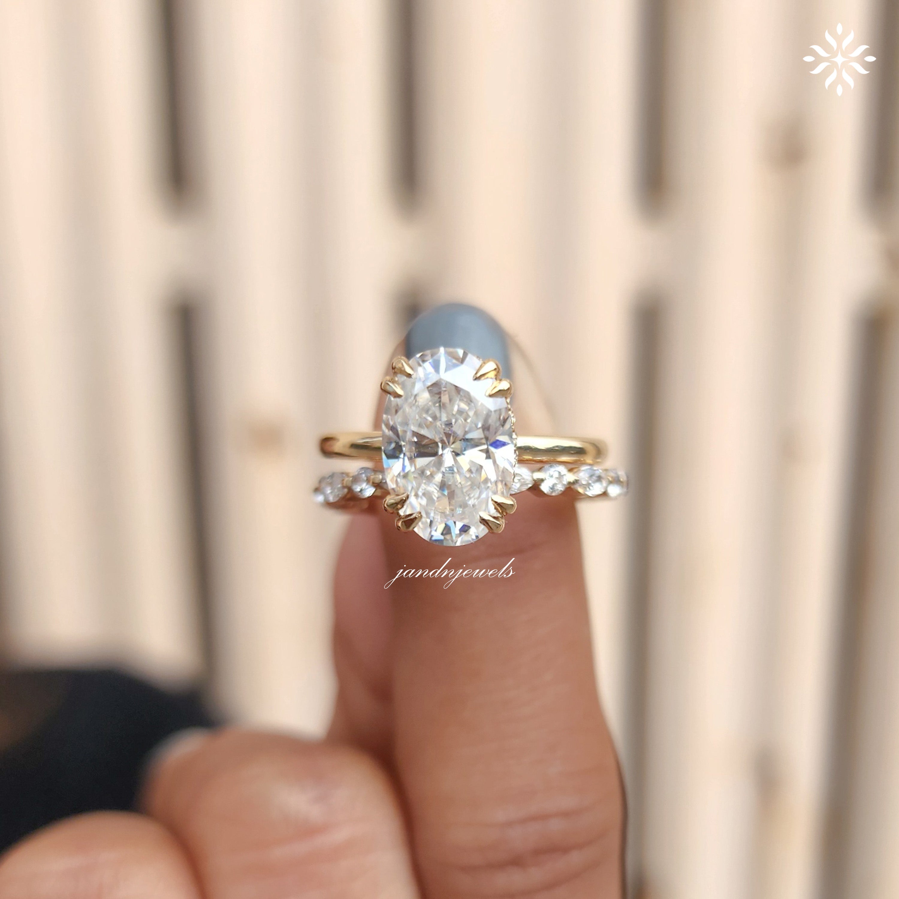3CT Oval Cut Moissanite Engagement Ring Set Hidden Halo Dabble Prong Ring 14K Solid Gold Bridal Ring Set Personalized Name Initial Ring