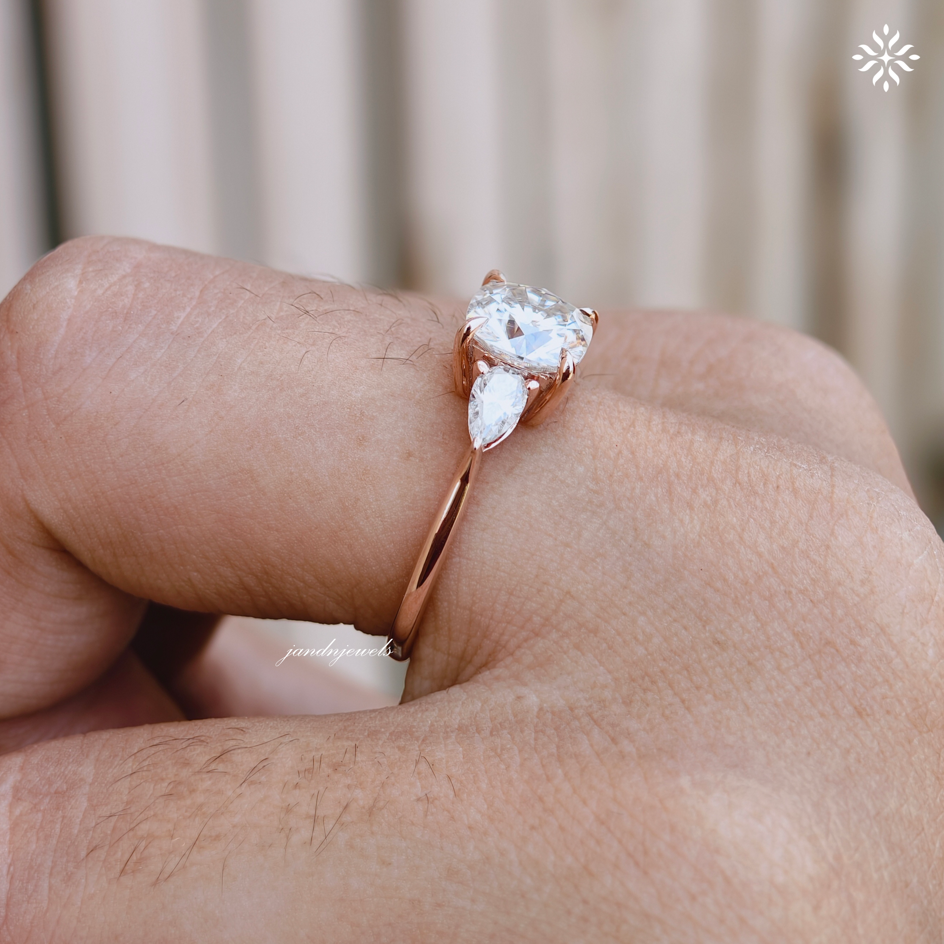 2CT Three Stone Cushion Cut Moissanite Diamond Ring Trilogy Wedding Ring Side Stone Pear Shaped Ring Classic Ring