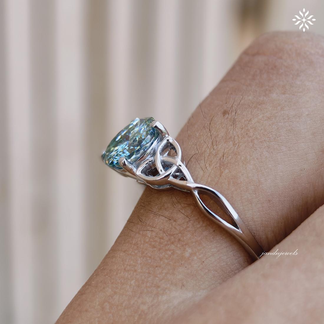 Vintage Celtic Knot Ring Cyan Blue Portuguese Cut Moissanite Engagement Ring Promise Ring for Her