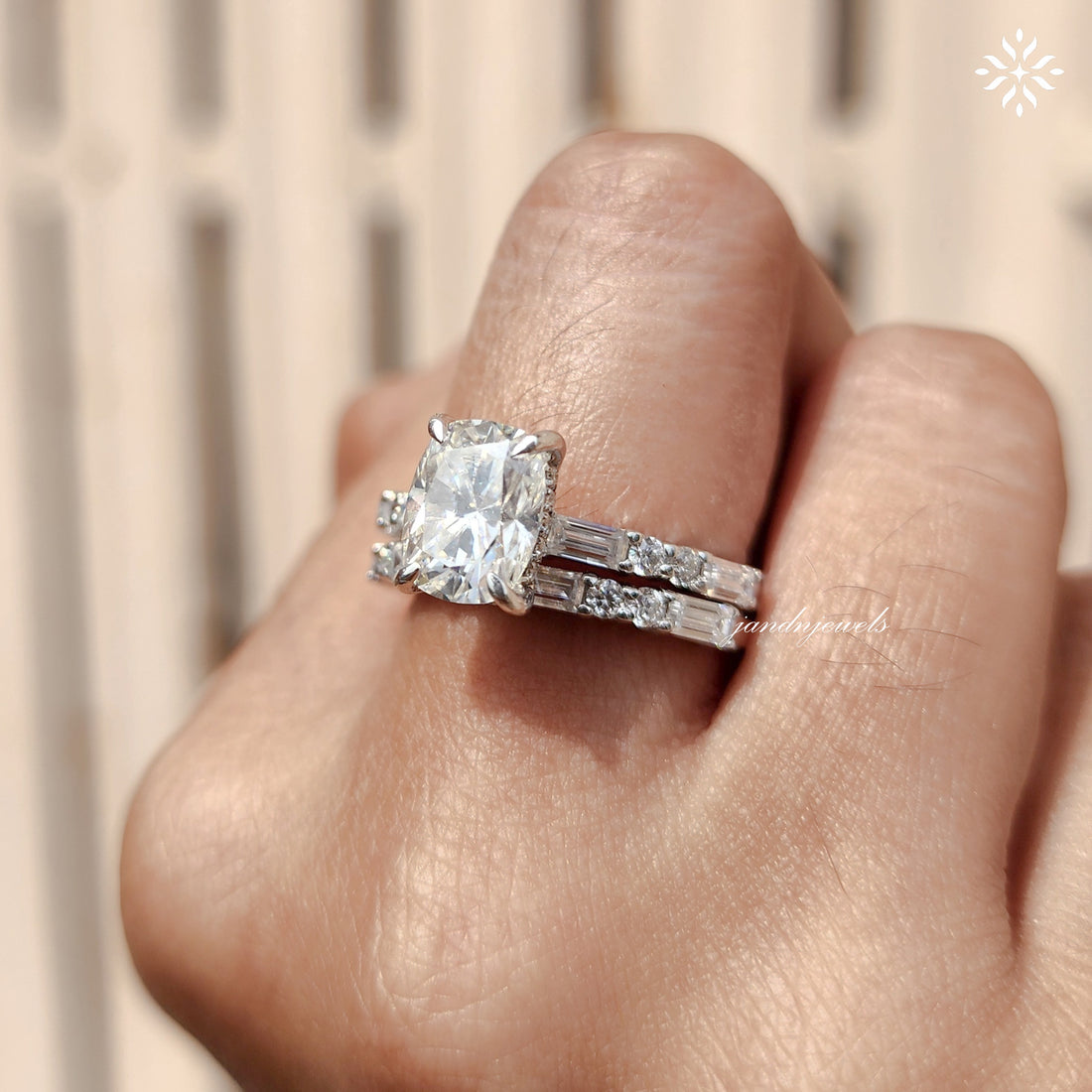 Elongated Cushion Cut Moissanite Engagement Ring Set Baguette & Round Diamond Band Bridal Ring Set 14K White Gold Ring Set