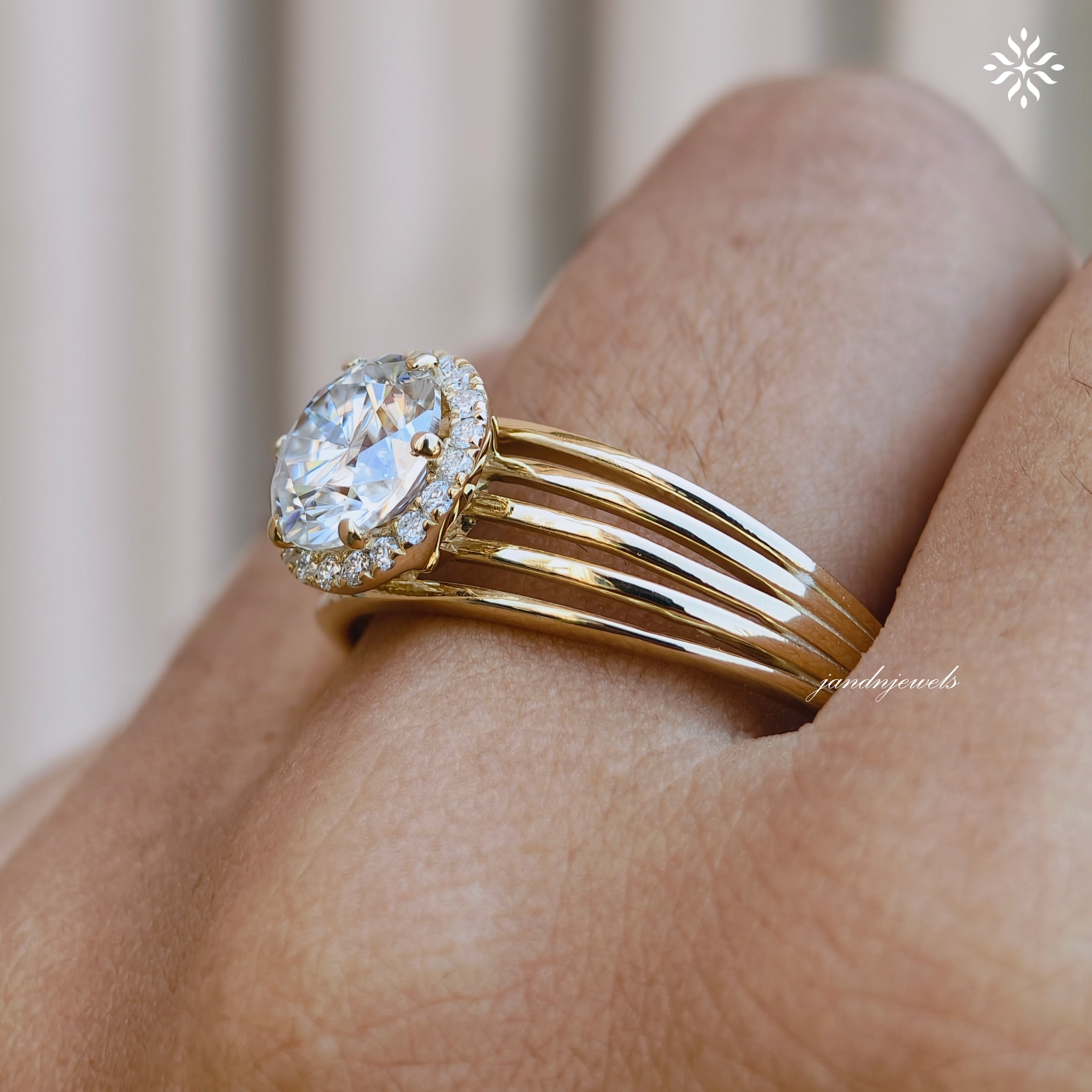 Brilliant Round Moissanite Engagement Ring Open Split Shank Gold Ring Halo Antique Style Ring Antique Style Bridal Ring