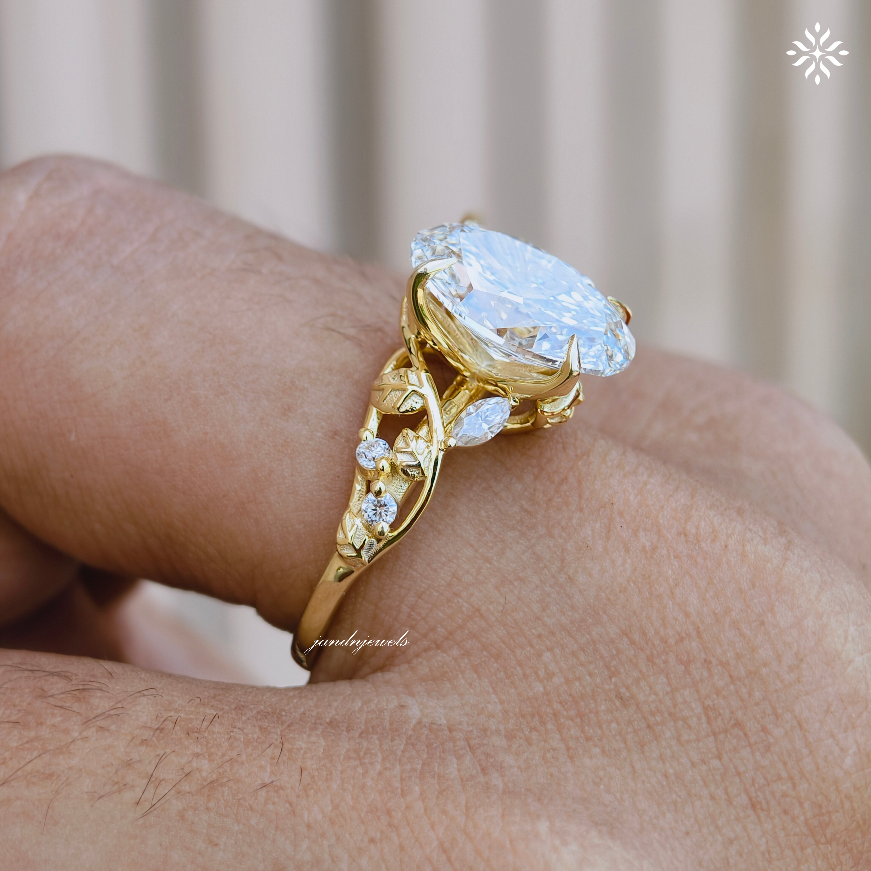 Botanical Oval Cut Lab Grown Diamond Engagement Ring Nature Inspired Floral Ring Vine Leaf Wedding Ring 14K Solid Yellow Gold Ring for Her