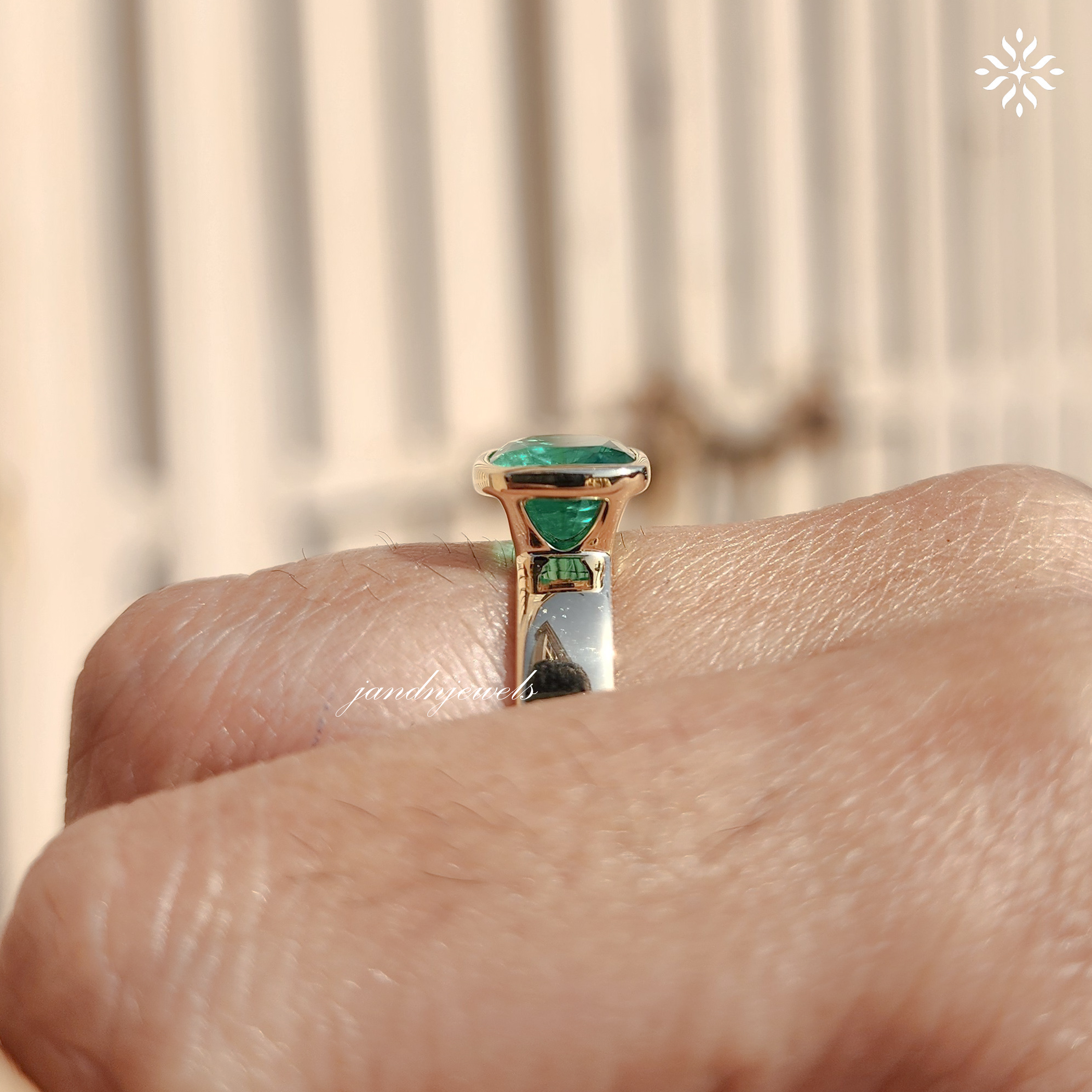 Green Emerald Cushion Cut Ring Bezel Set Solitaire 14K Gold Engagement Ring East West Ring