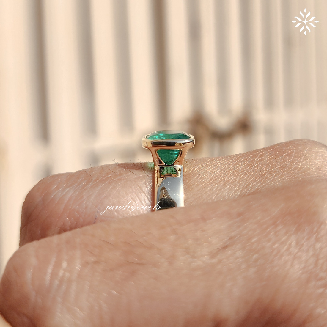 Green Emerald Cushion Cut Ring Bezel Set Solitaire 14K Gold Engagement Ring East West Ring