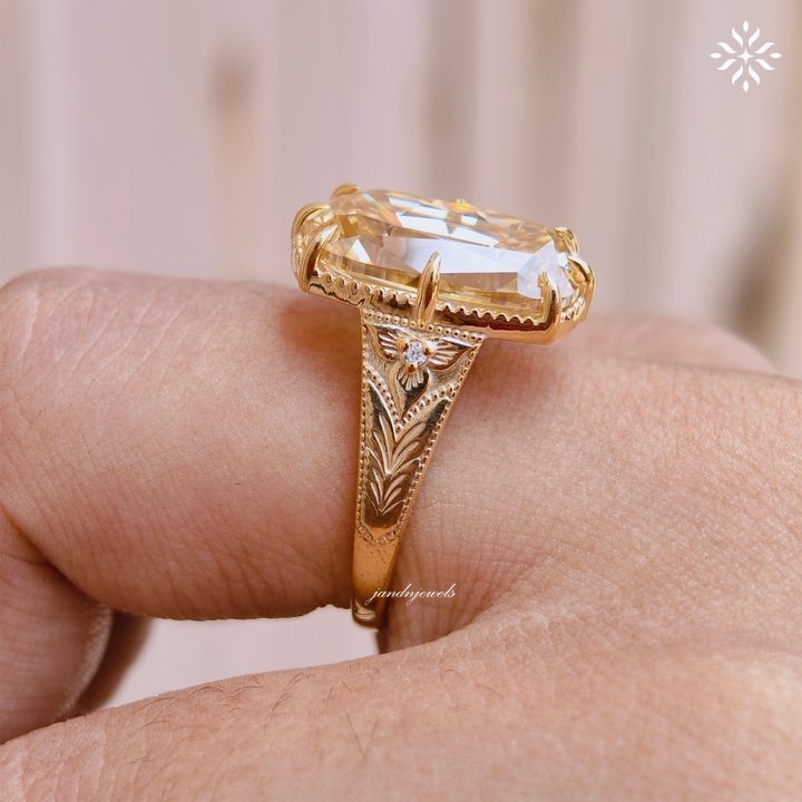 7CT Old Main Yellow Cushion Cut Moissanite Engagement Ring Vintage Inspired Handmade Engraved Art Deco Ring Antique Diamond Ring for Her
