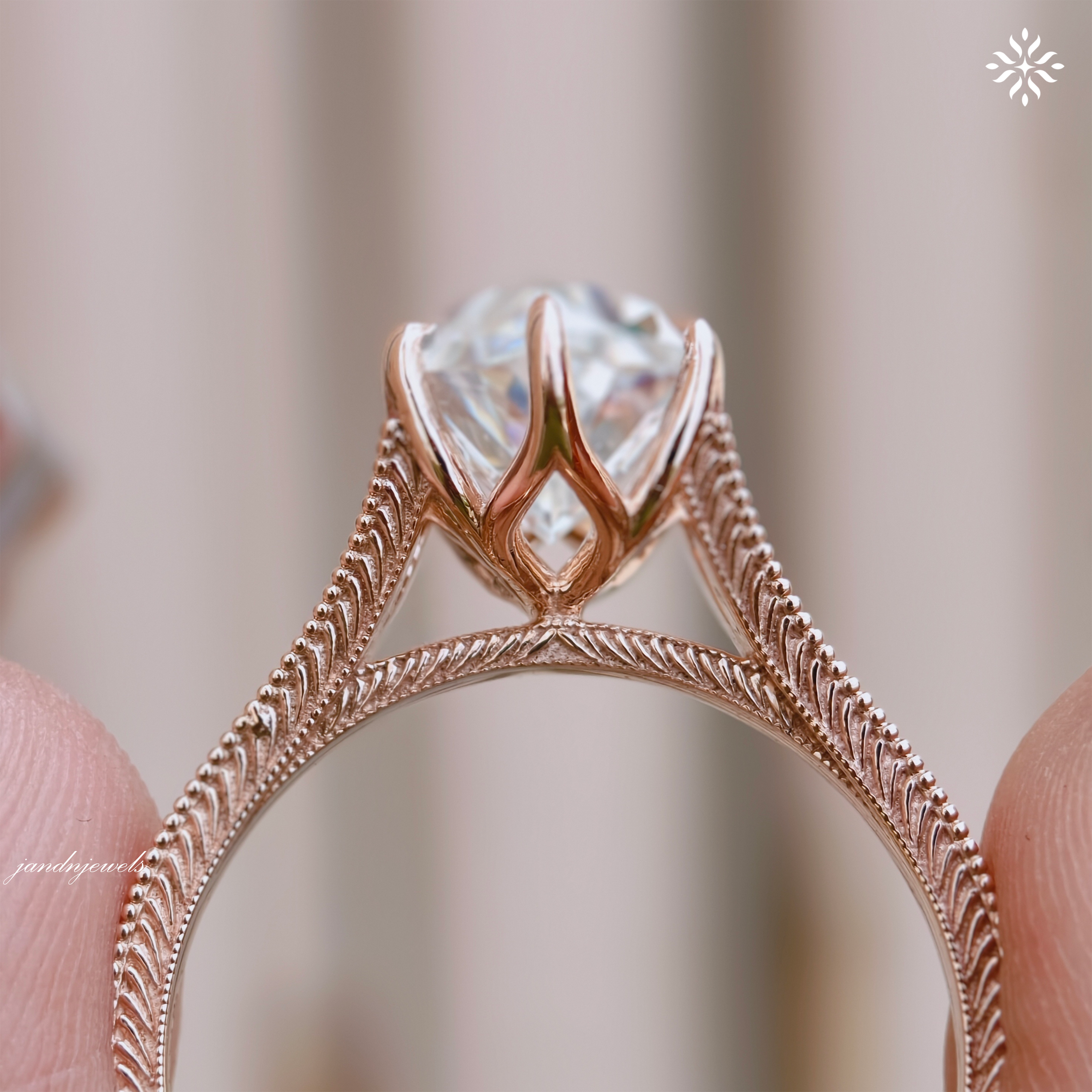 Dutch Marquise Moissanite Engagement Ring Art Deco Engraved Band Solitaire Ring 14K Gold Six Prong Designer Bridal Ring For Her