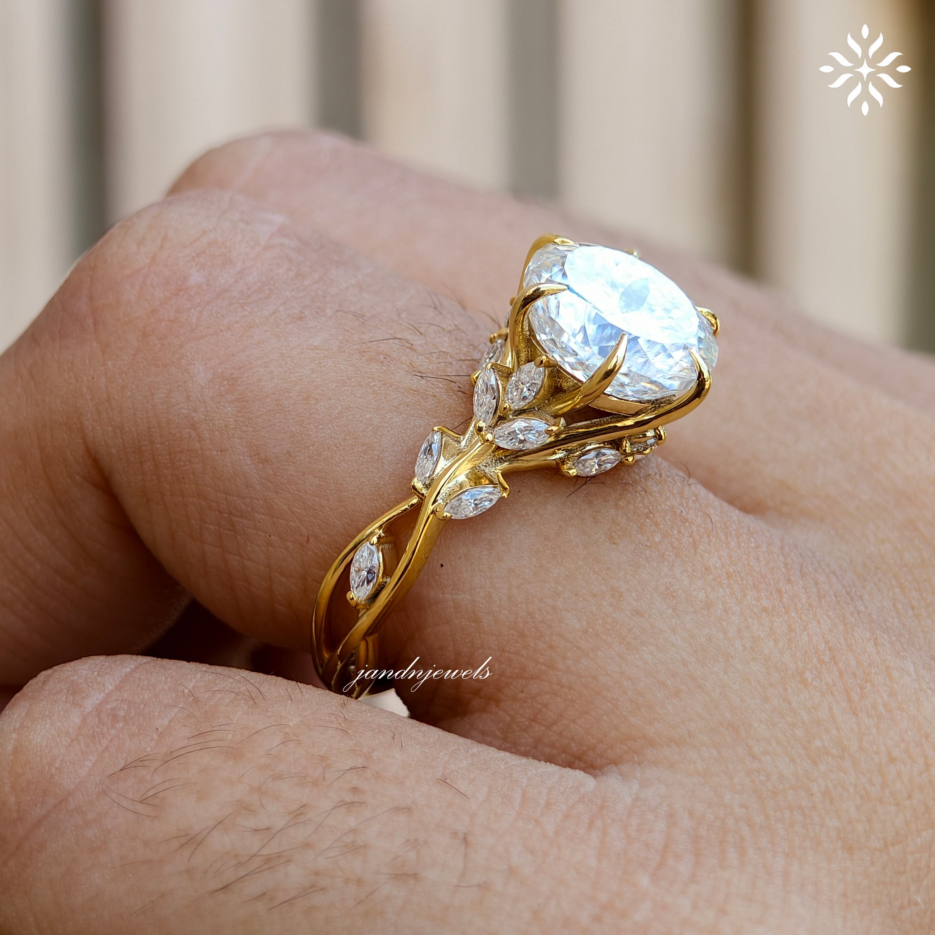 Floral Portuguese Cut Moissanite Engagement Ring Art Deco14K Gold Moissanite Diamond Wedding Ring Nature Inspire Ring Promise Ring For Women