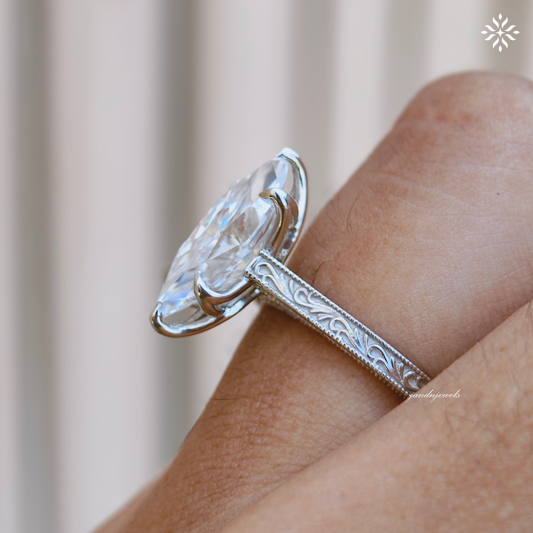 2.5CT Filigree Marquise Cut Moissanite Engagement Ring Art Deco Engraved Band Solitaire Ring 14K Gold Six Prong Designer Bridal Ring for Her